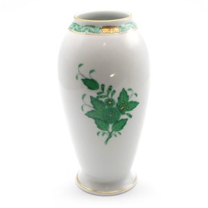 Herend Chinese Bouquet Green Porcelan Vase, Hand Painted Apponyi Pattern, Gold Rim Porcelain