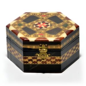 Handcrafted Octagonal Wooden Inlay Jewelry Box with Brass Clasp and Geometric Marquetry Design Porcelain Hand-Painted