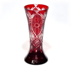 Bohemia Red Cut Glass Crystal Vase, Floral Pattern, Burgundy Lead Glass Vase, Art Deco Etched Home Décor Piece