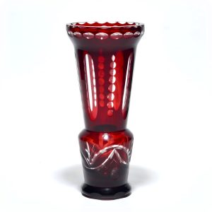 Bohemian Red Cut Glass Vase, Vintage Burgundy Crystal Vessel, Handcrafted Intricate European Design