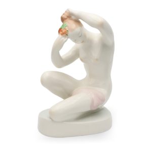 Aquincum Nude Lady Grooming Hair With Flower Figurine, Hand Painted Porcelain, Vintage Ceramic Collectible Sculpture