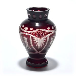 Hand-Cut Ruby Red Bohemian Crystal Vase, Geometric Design, Lead Crystal Glass