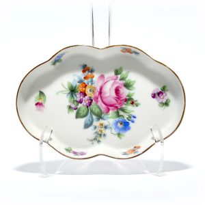 Herend Trinket Tray, Rare Vintage Jewelry Dish, Hand Painted Floral Porcelain With Gold Rim