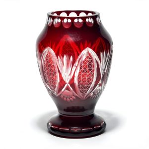 Wide Red Crystal Vase, Bold Geometric Pattern, Cut Glass Artistry