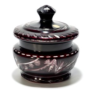 Wine Red Cut Glass Crystal Lidded Jar, Trinket Box, Vintage Decorative Storage Container for Jewelry and Keepsakes