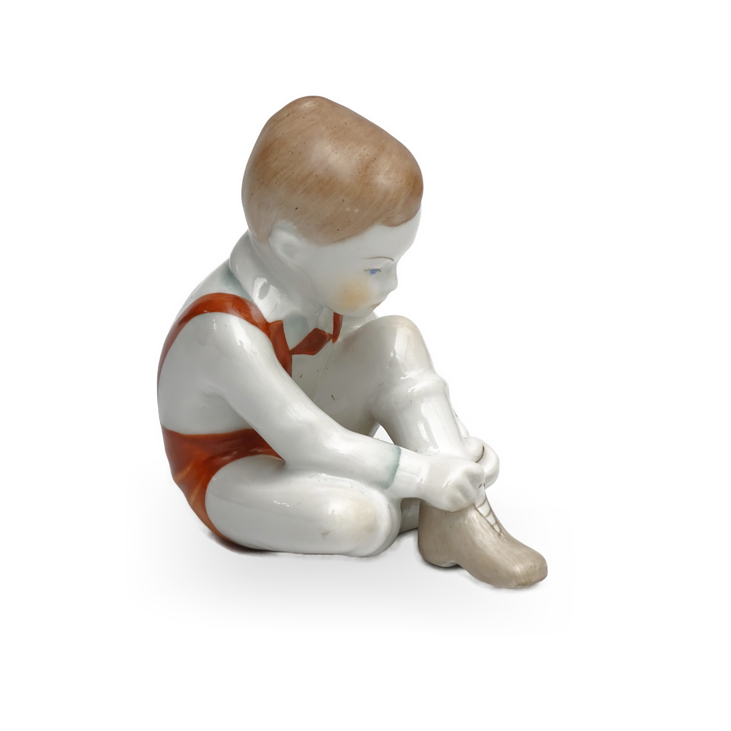 Porcelain Figurine Boy Tying Shoe - Vintage Hungarian Porcelain Figurine Art Deco Style