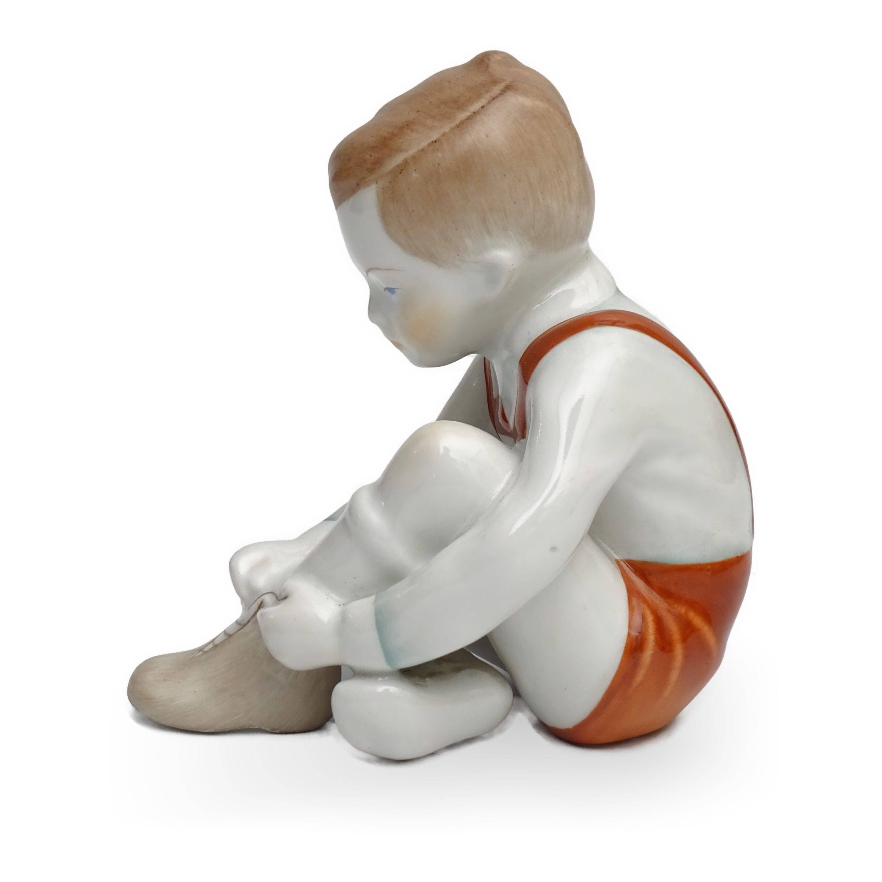 Porcelain Figurine Boy Tying Shoe - Vintage Hungarian Porcelain Figurine Art Deco Style