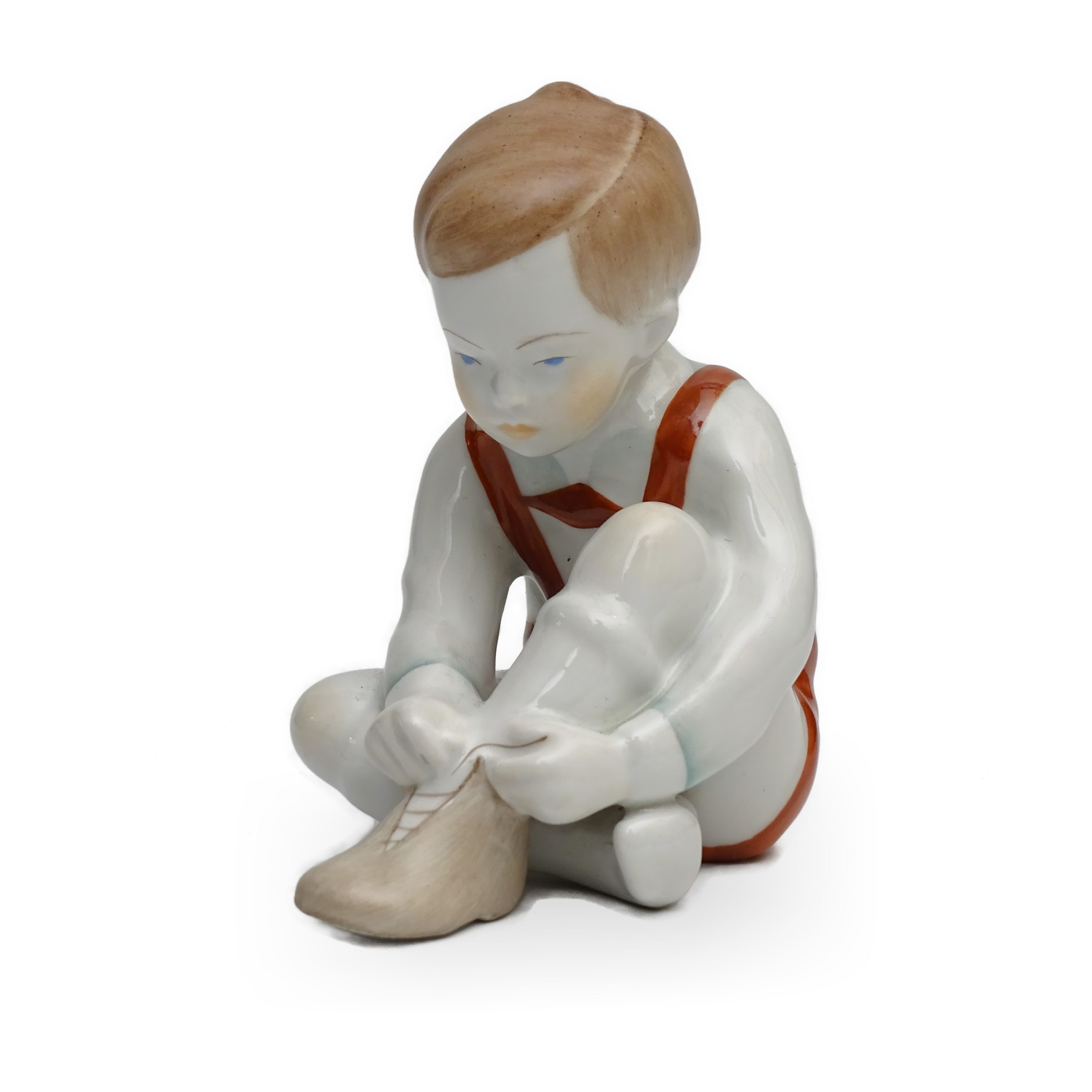 Porcelain Figurine Boy Tying Shoe - Vintage Hungarian Porcelain Figurine Art Deco Style