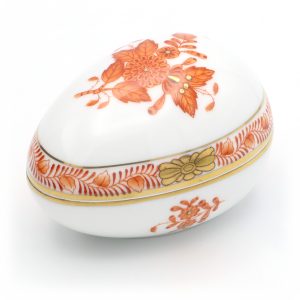 Herend Egg Shaped Trinket Box, Chinese Bouquet Rust, Apponyi Orange Pattern, Hand Painted Vintage Jewelry Box Porcelain