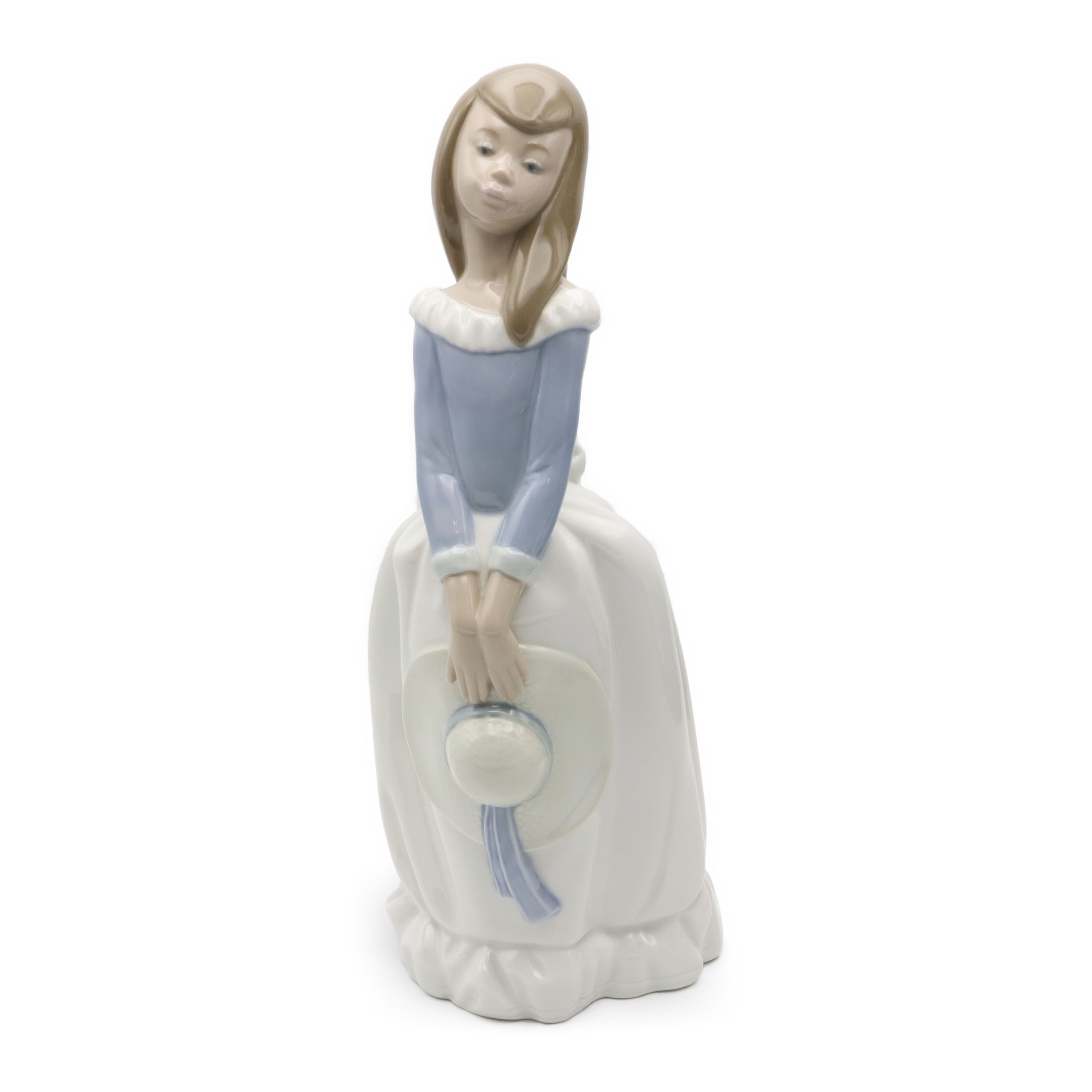 Lladro Figurine Girl Holding A Hat In Long Blue Bress, 1982, Retired Rare Find Miguel Requena NAO Figurine, Elegant Woman Porcelain Hand Painted