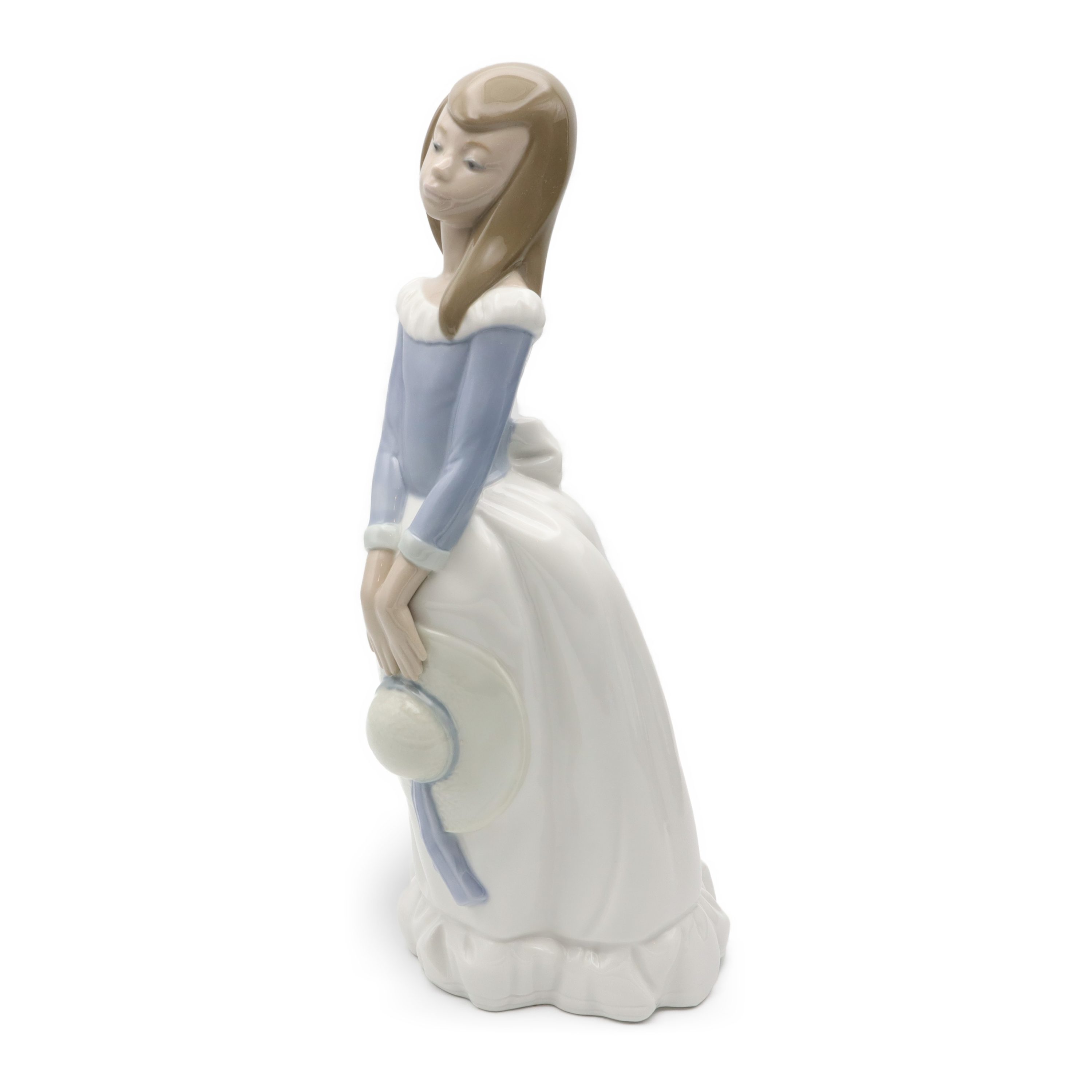 Lladro Figurine Girl Holding A Hat In Long Blue Bress, 1982, Retired Rare Find Miguel Requena NAO Figurine, Elegant Woman Porcelain Hand Painted