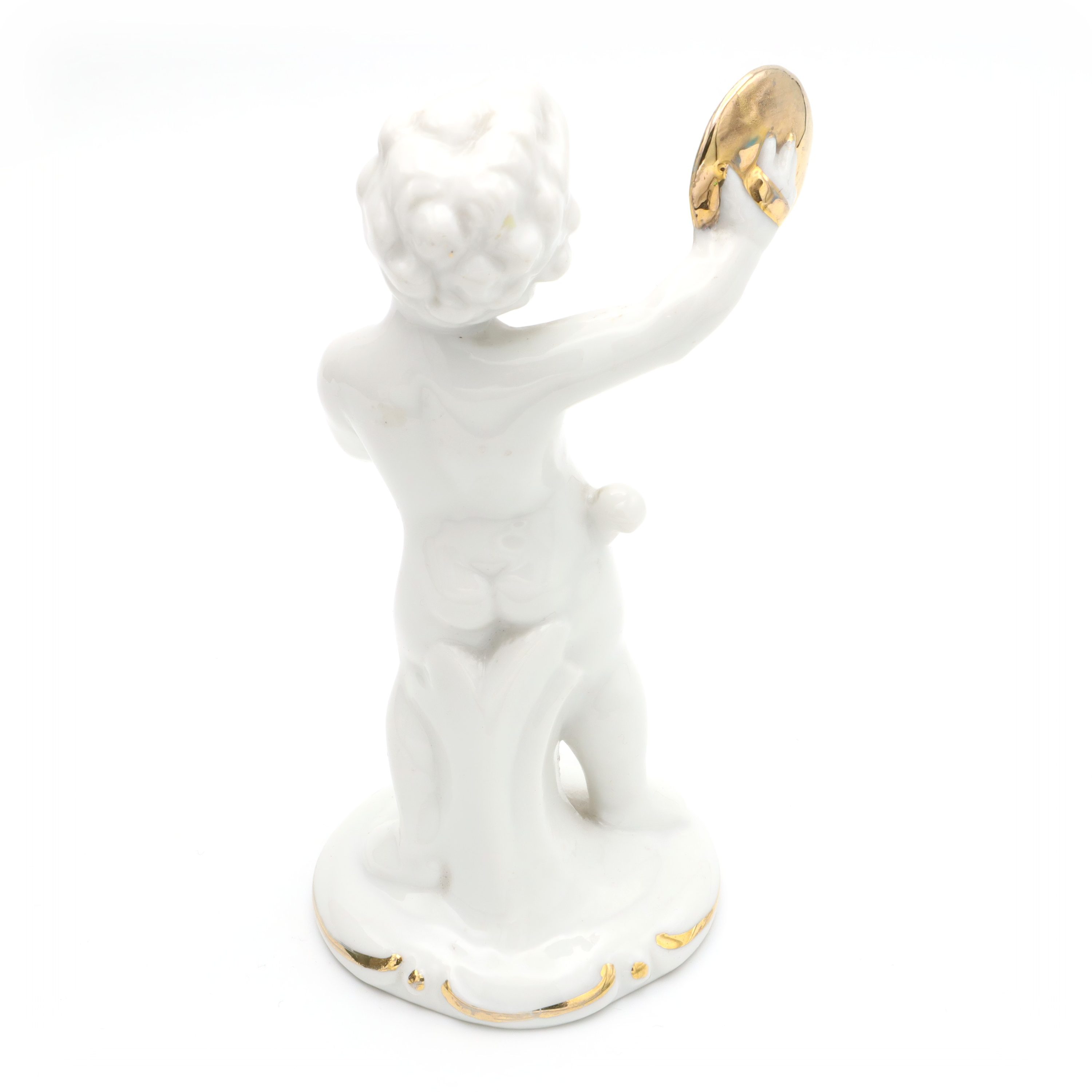 Porcelain Figurine Statue Miniature Decorative Ornament Capodimonte Angel Cherub Gold-Plated Cymbals Art Deco Hand Painted, Vintage Ceramic Collectible Sculpture