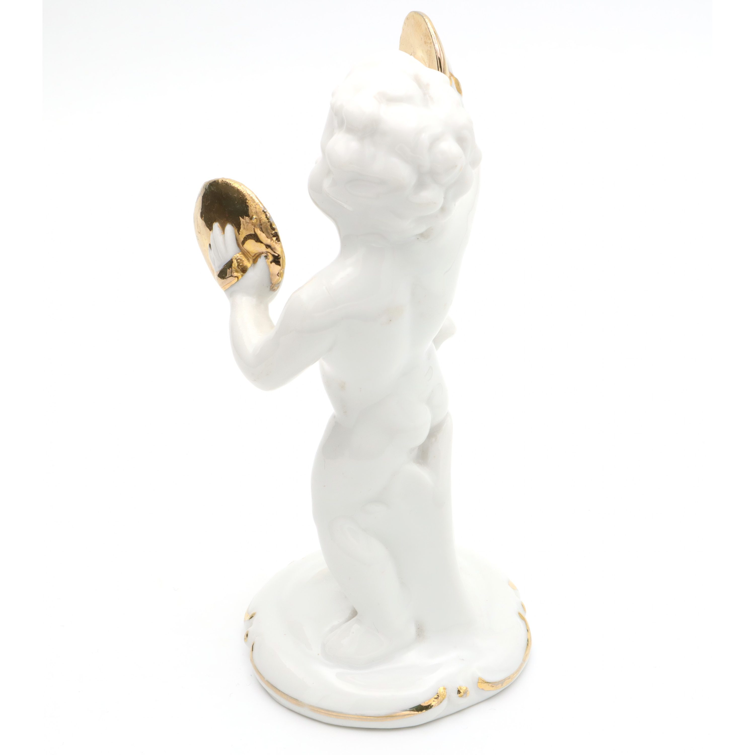 Porcelain Figurine Statue Miniature Decorative Ornament Capodimonte Angel Cherub Gold-Plated Cymbals Art Deco Hand Painted, Vintage Ceramic Collectible Sculpture