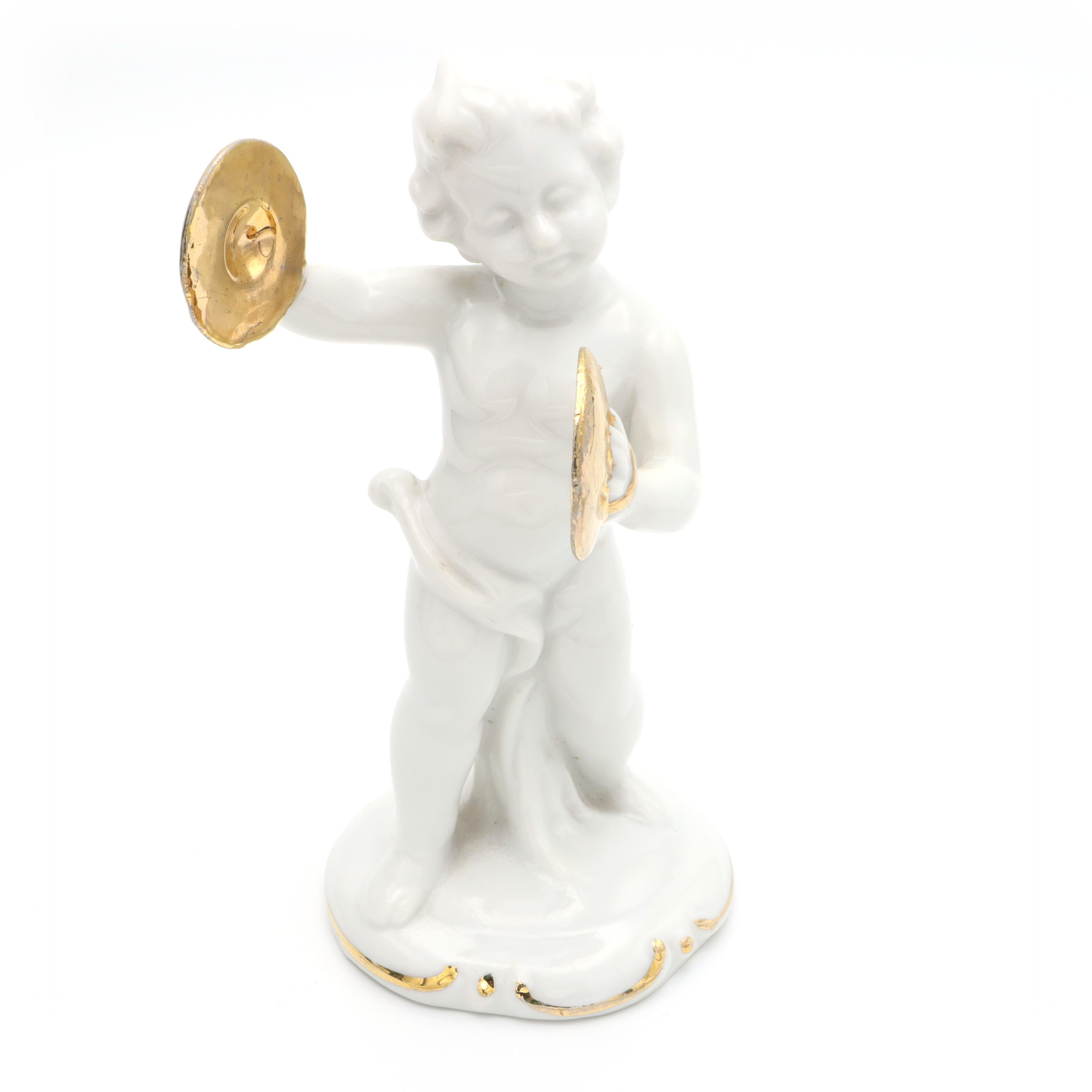 Porcelain Figurine Statue Miniature Decorative Ornament Capodimonte Angel Cherub Gold-Plated Cymbals Art Deco Hand Painted, Vintage Ceramic Collectible Sculpture