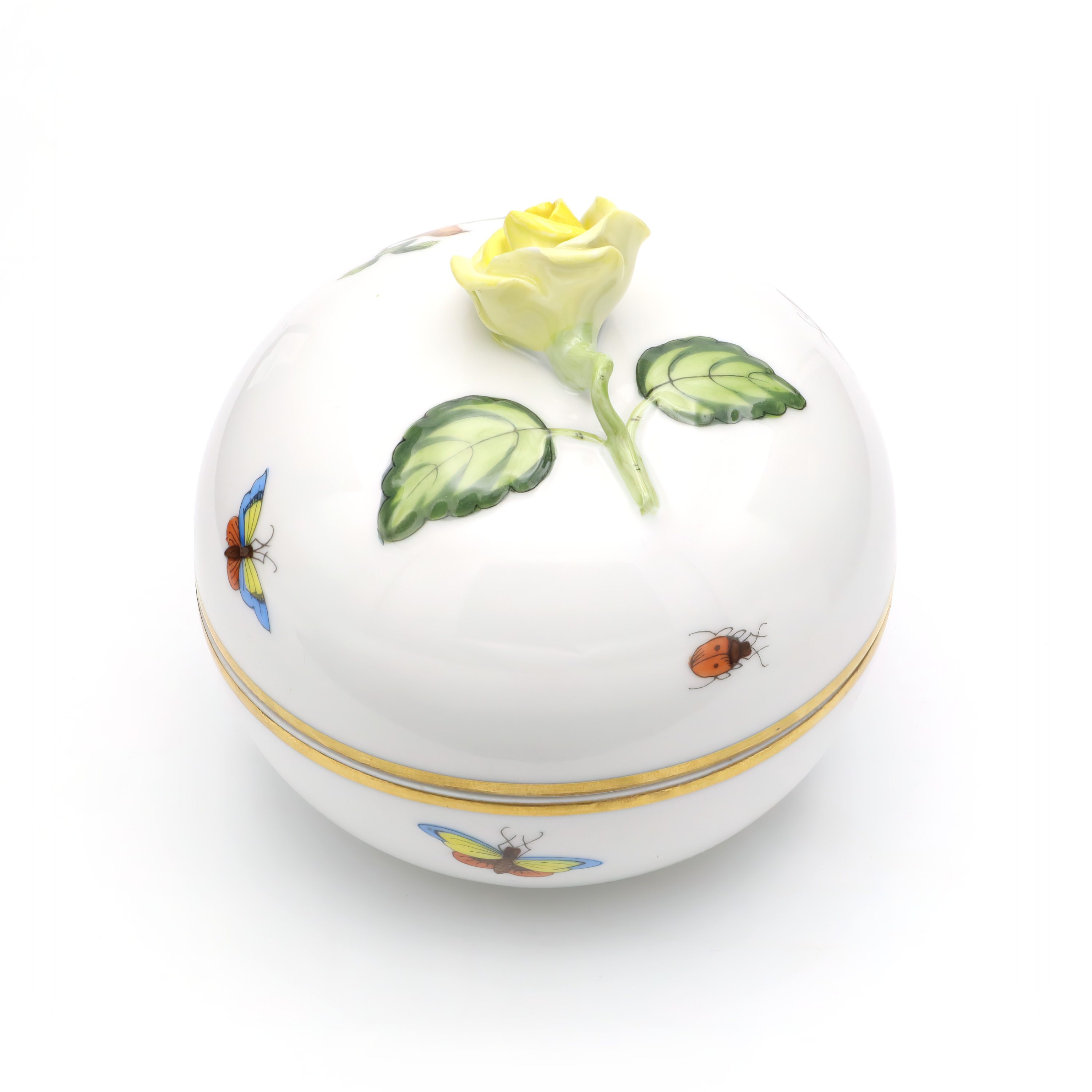 Herend Rothschild Vintage Trinket Box, Large Porcelain Jewelry Box With Yellow Rose, Hand Painted Bird Motif, Collectible Hungarian Porcelain Decor