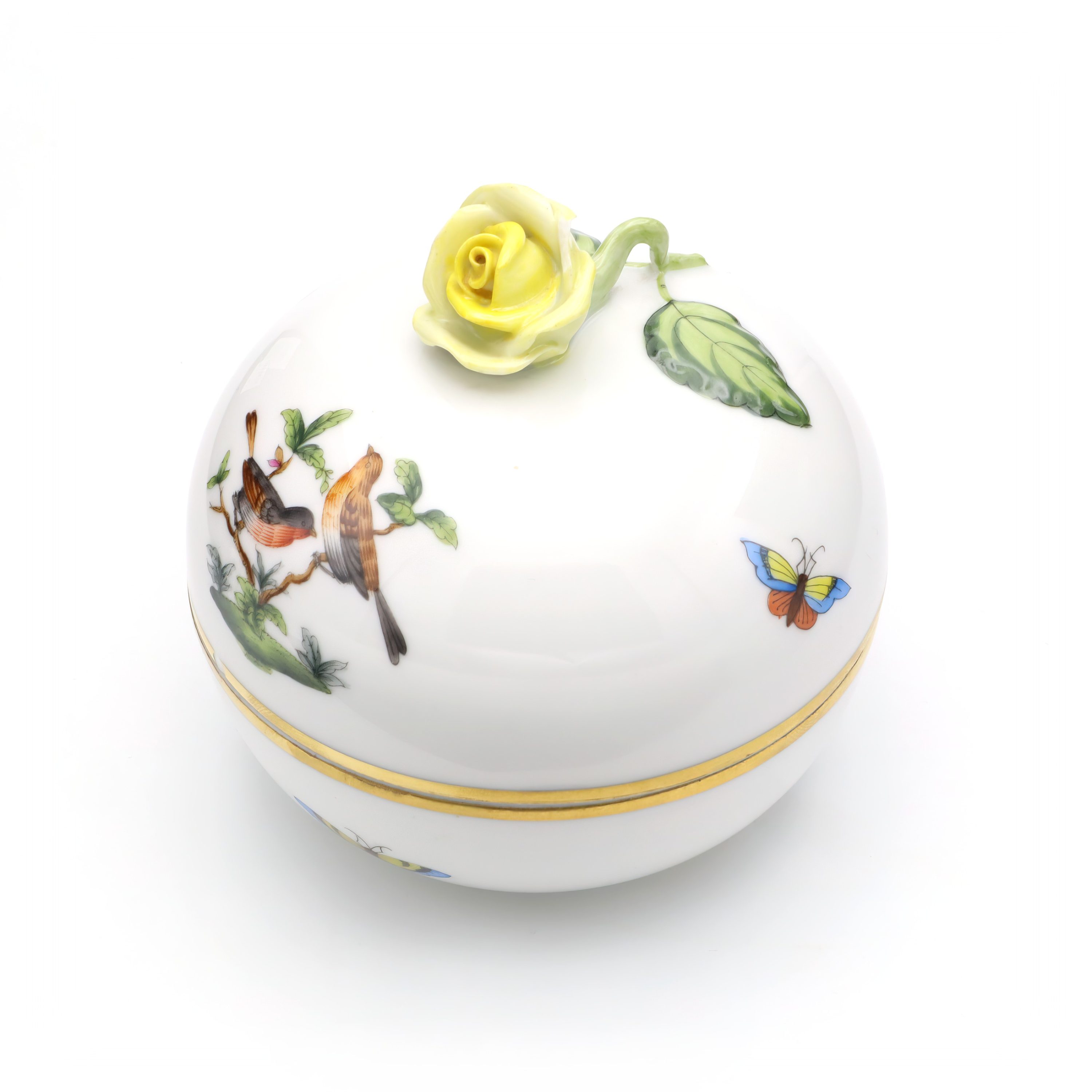 Herend Rothschild Vintage Trinket Box, Large Porcelain Jewelry Box With Yellow Rose, Hand Painted Bird Motif, Collectible Hungarian Porcelain Decor