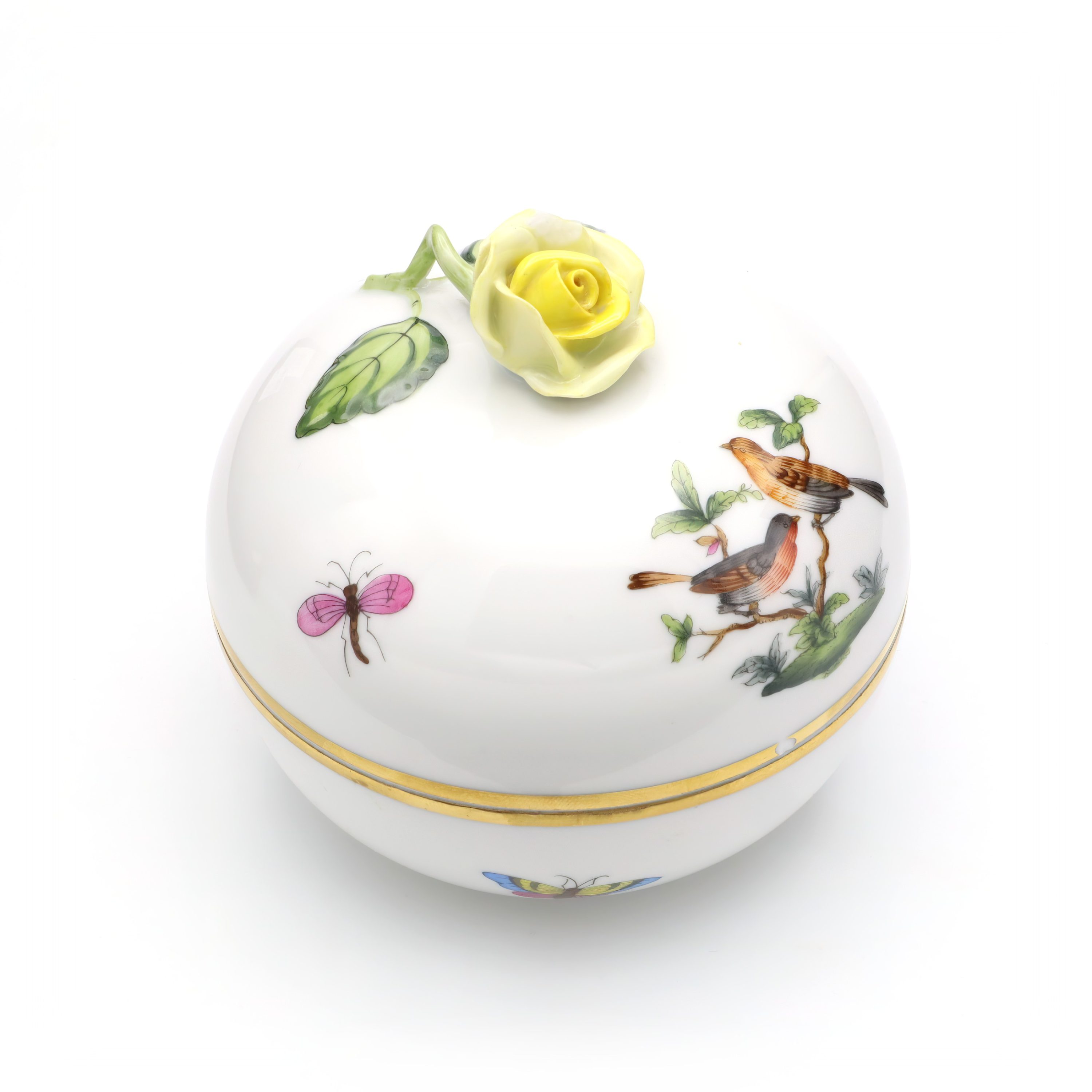 Herend Rothschild Vintage Trinket Box, Large Porcelain Jewelry Box With Yellow Rose, Hand Painted Bird Motif, Collectible Hungarian Porcelain Decor