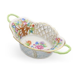 Herend Vintage Breakthrough Centrepiece: Basket, Gold Rim, Hand-painted Porcelain, Floral Design, Hungarian Craftsmanship, Collectible Decor.