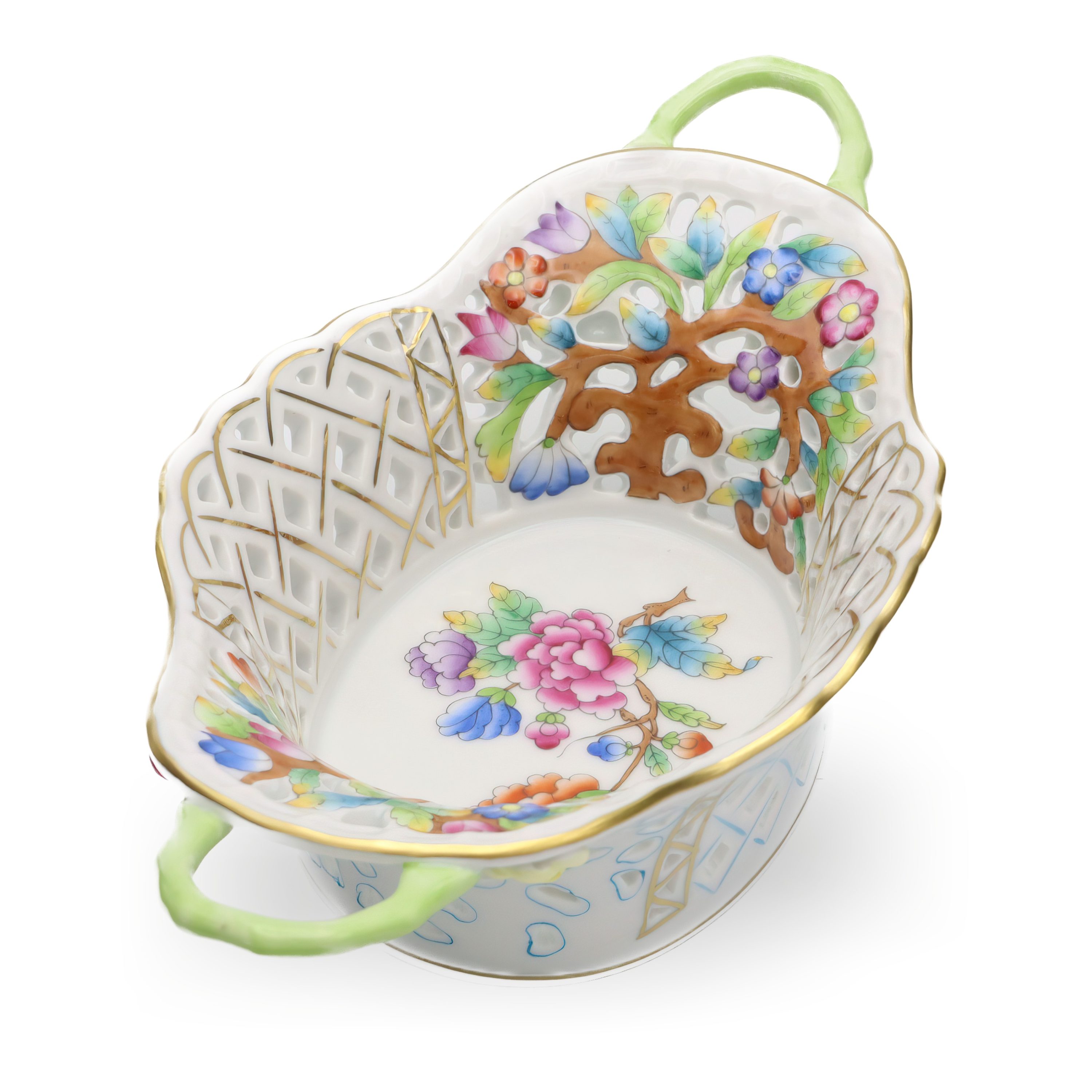 Herend Vintage Breakthrough Centrepiece: Basket, Gold Rim, Hand-painted Porcelain, Floral Design, Hungarian Craftsmanship, Collectible Decor.