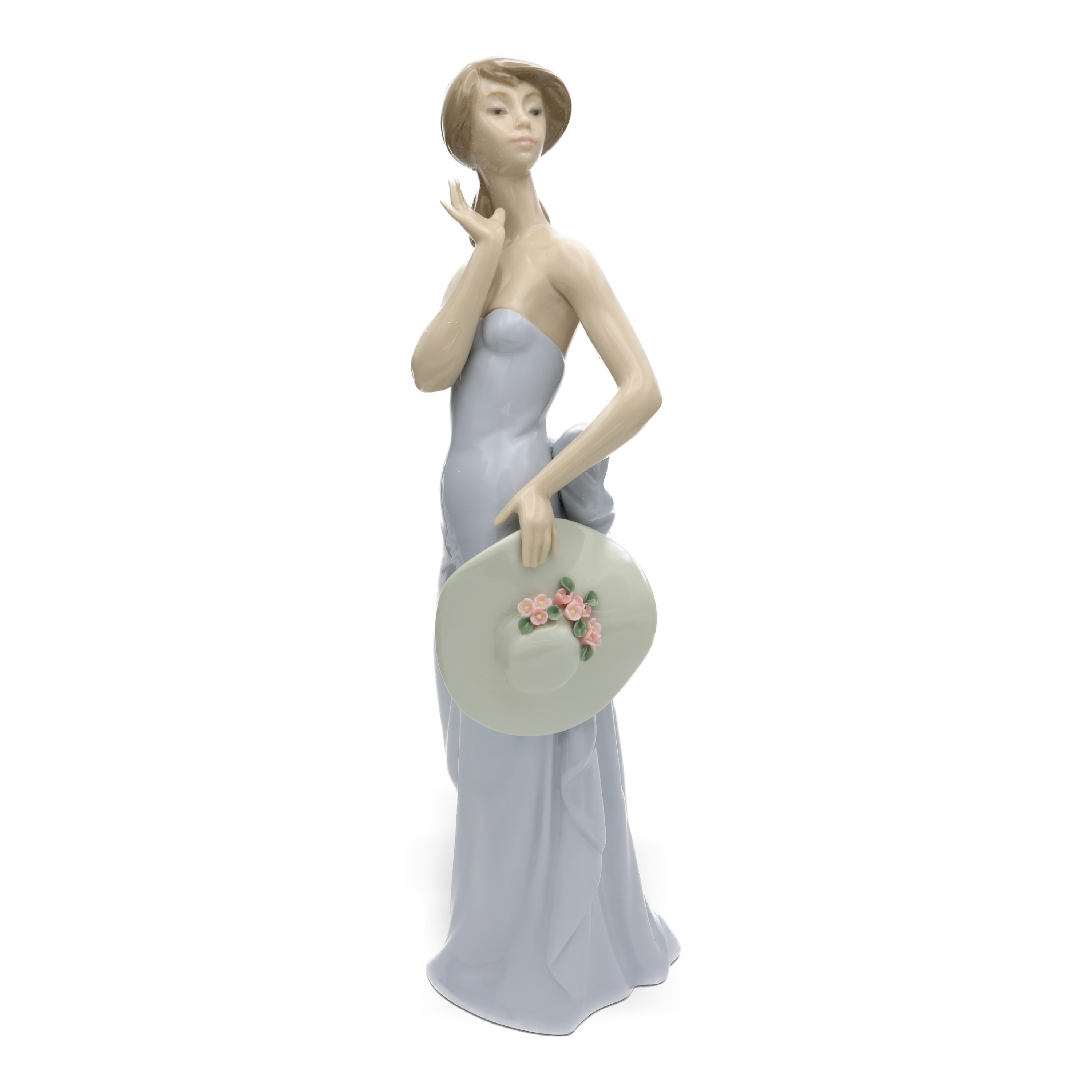 Lladro Elegant Coquette Girl With Holding A Hat, Porcelain Figurine, Vintage Art Deco Decoration, Retired