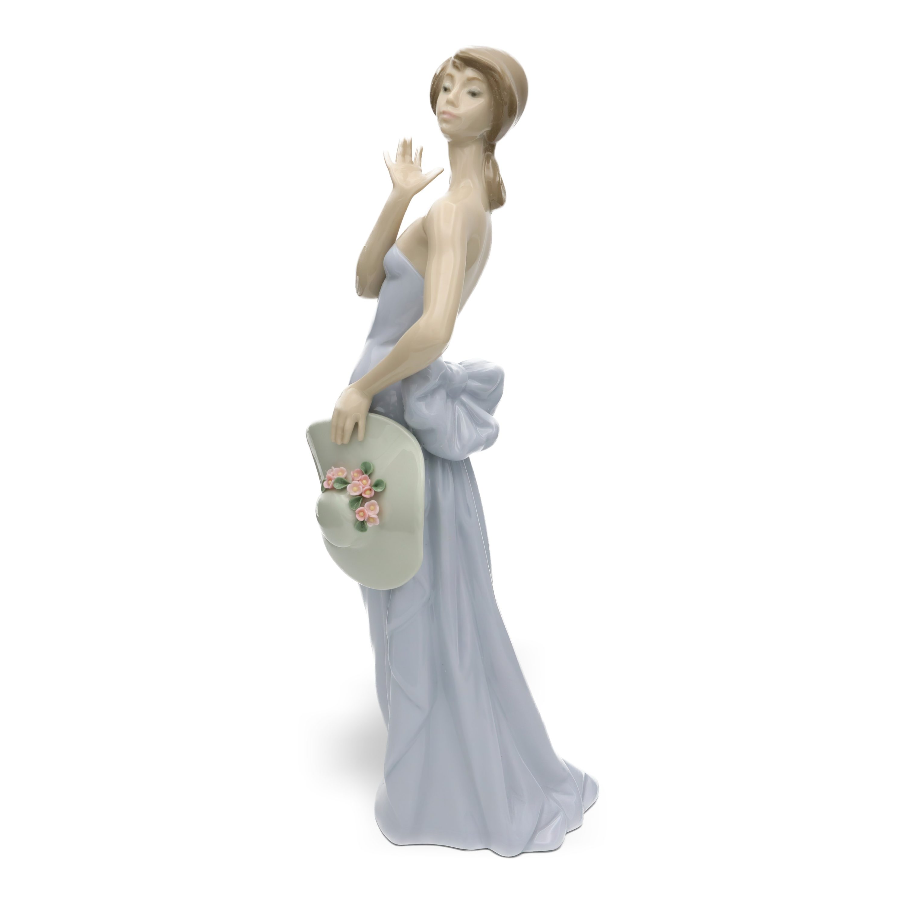 Lladro Elegant Coquette Girl With Holding A Hat, Porcelain Figurine, Vintage Art Deco Decoration, Retired