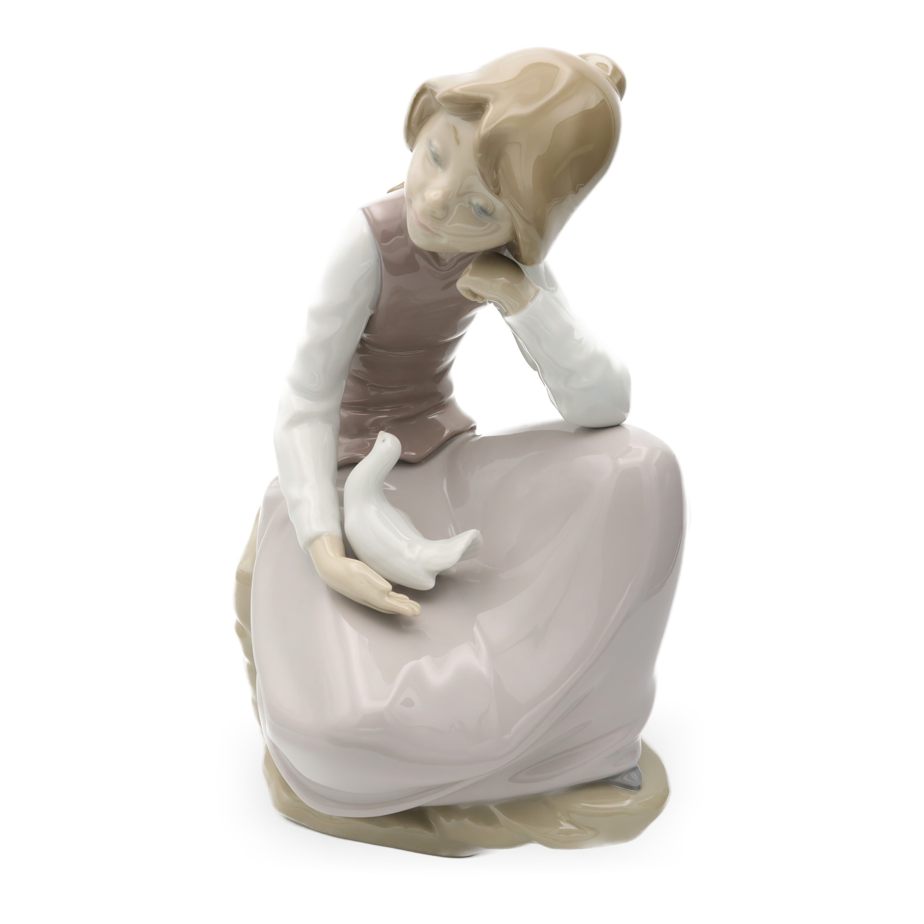 Lladro Figurine, Vintage NAO Porcelain Happy Girl Kneeling, With White Dove In Hand, 1981, Retired