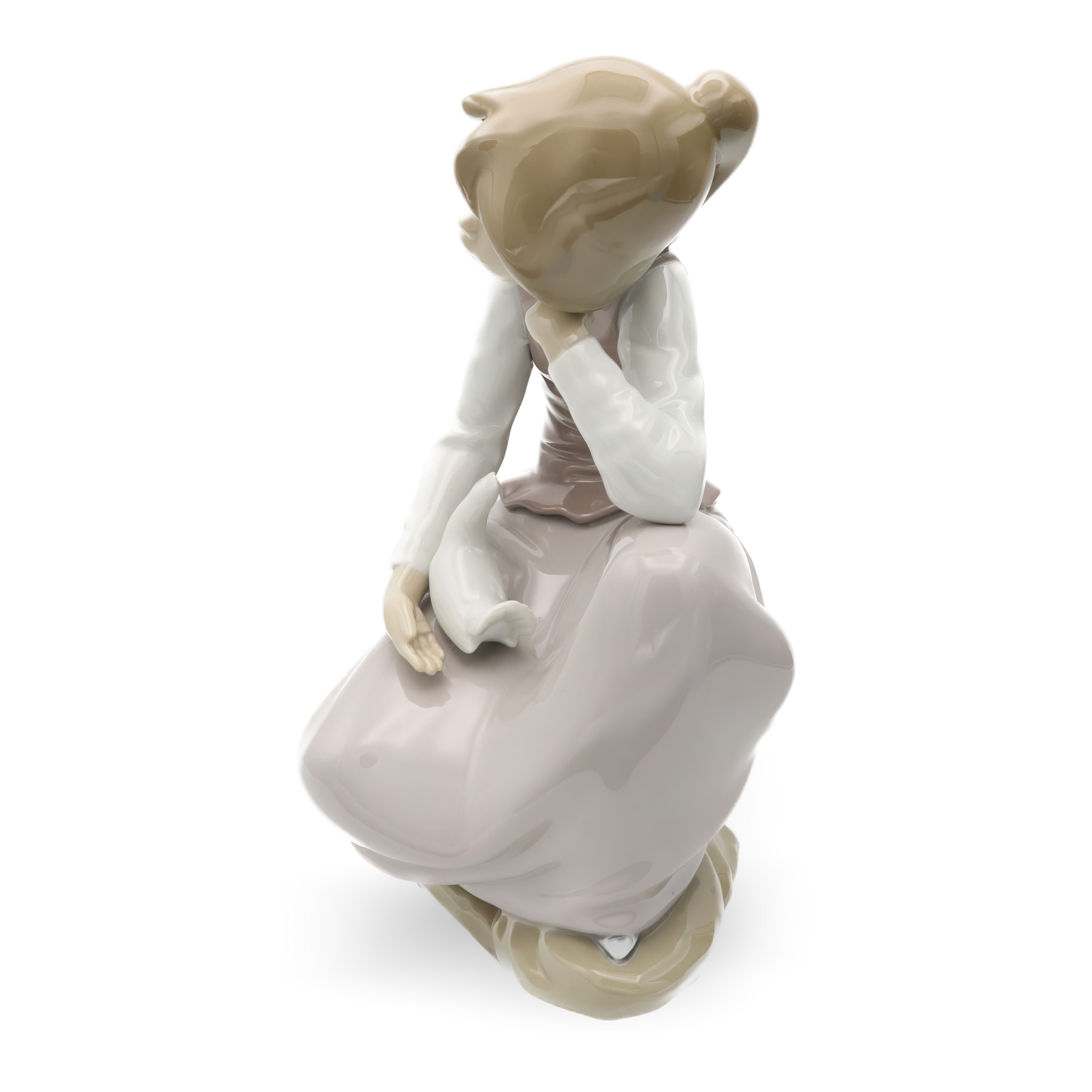 Lladro Figurine, Vintage NAO Porcelain Happy Girl Kneeling, With White Dove In Hand, 1981, Retired