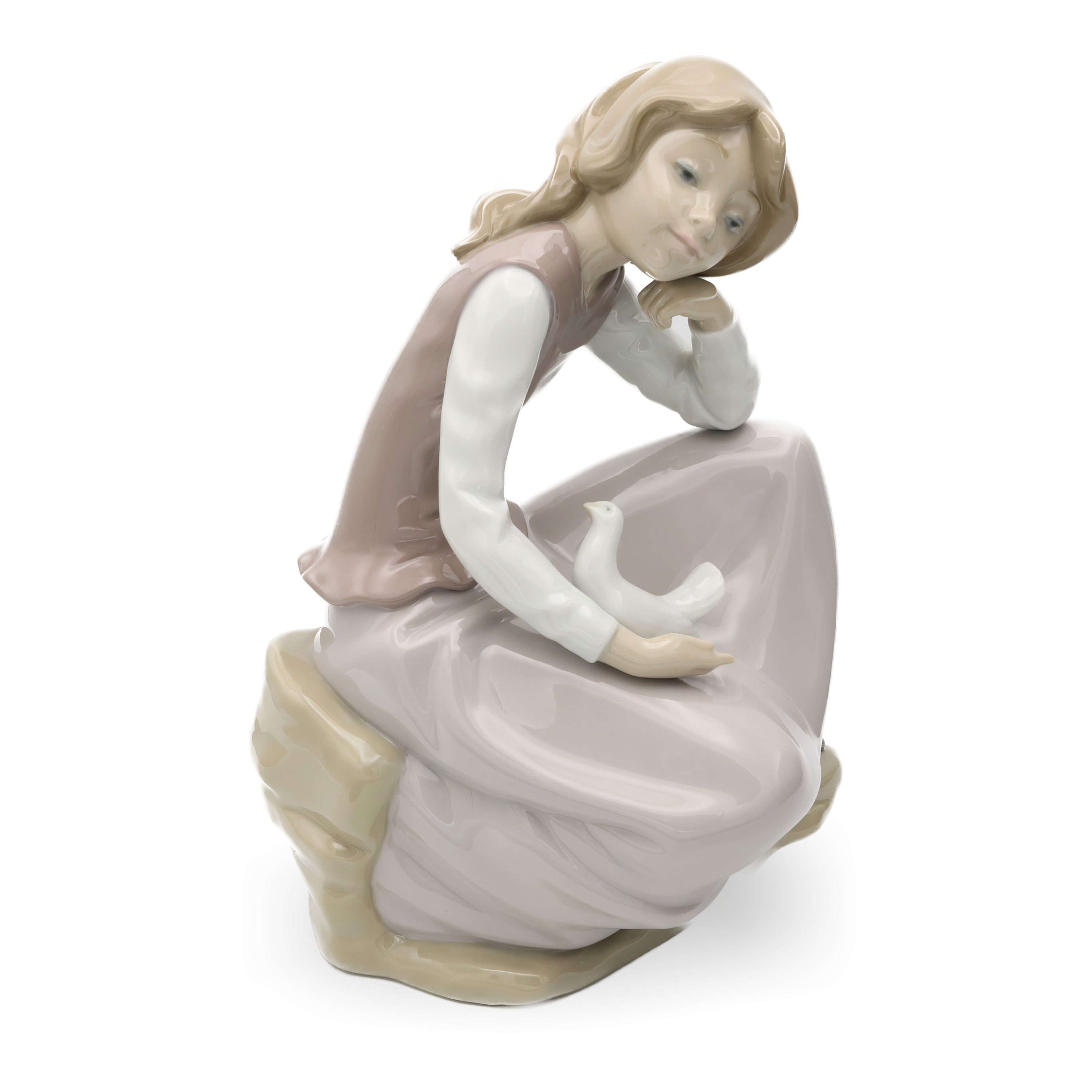 Lladro Figurine, Vintage NAO Porcelain Happy Girl Kneeling, With White Dove In Hand, 1981, Retired