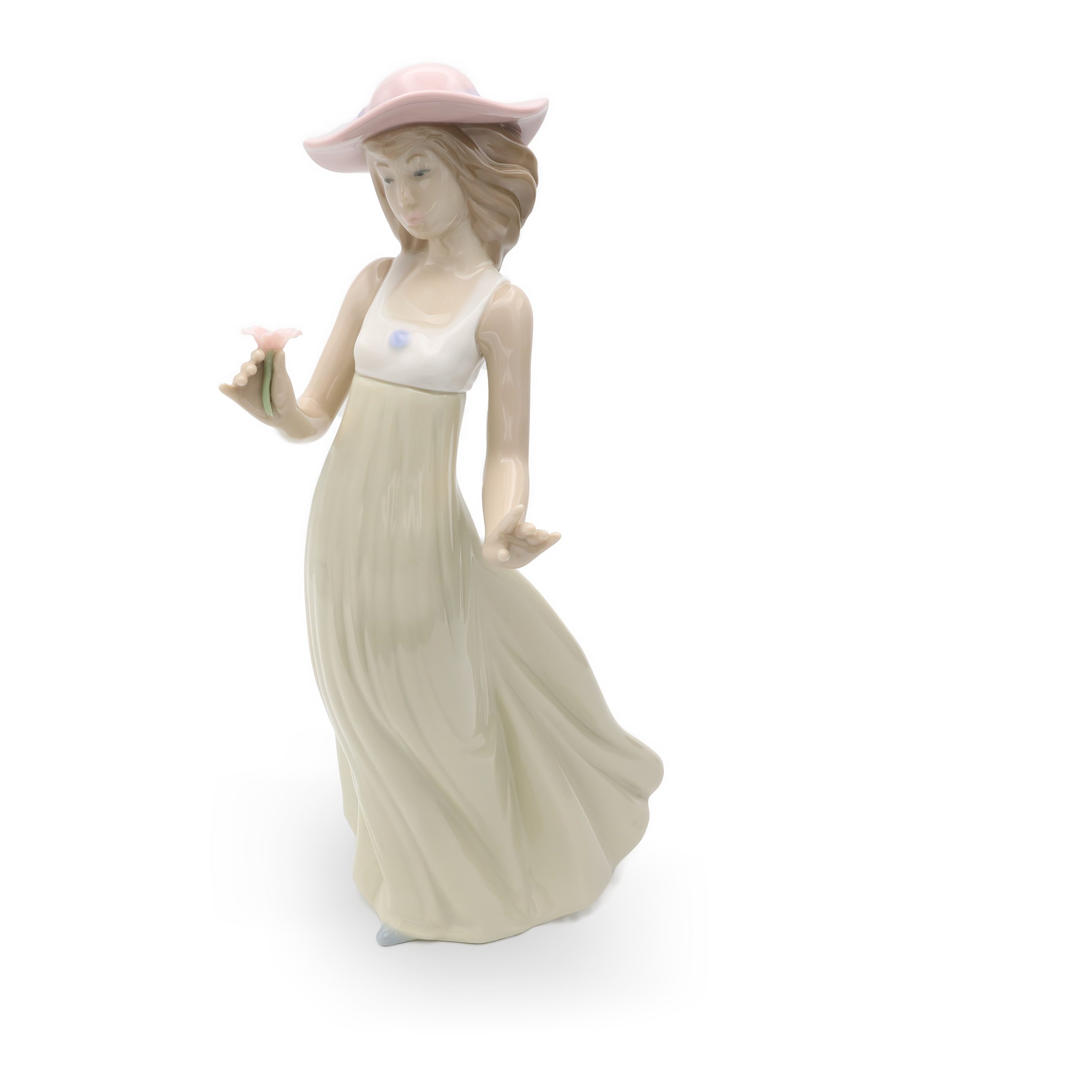 Lladro Figurine, Vintage NAO Porcelain Young Woman Pink Hat, Green Dress With Flower In Hand, Long Summer Dress, Collectible Ornament, Spanish Handcrafted Sculpture