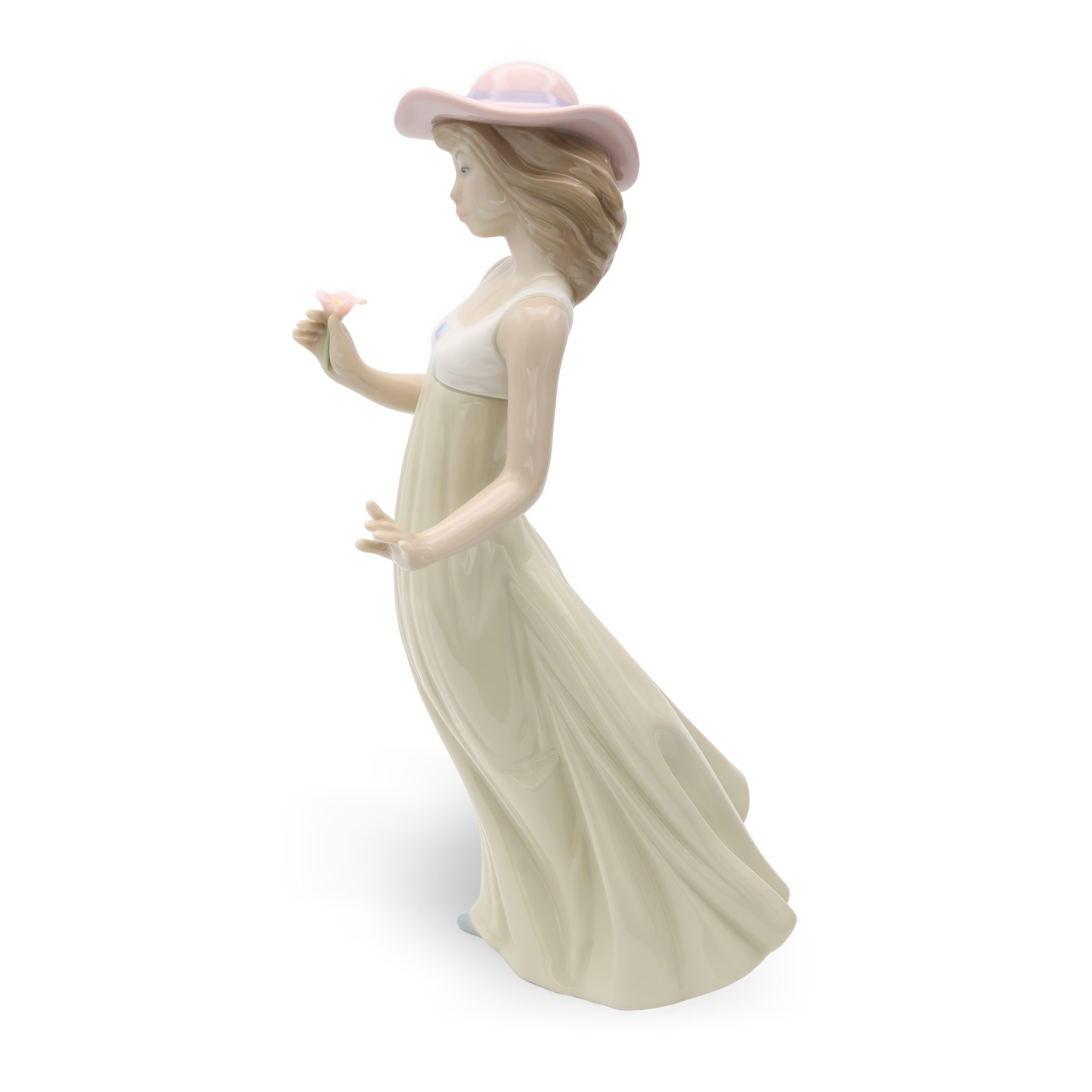 Lladro Figurine, Vintage NAO Porcelain Young Woman Pink Hat, Green Dress With Flower In Hand, Long Summer Dress, Collectible Ornament, Spanish Handcrafted Sculpture