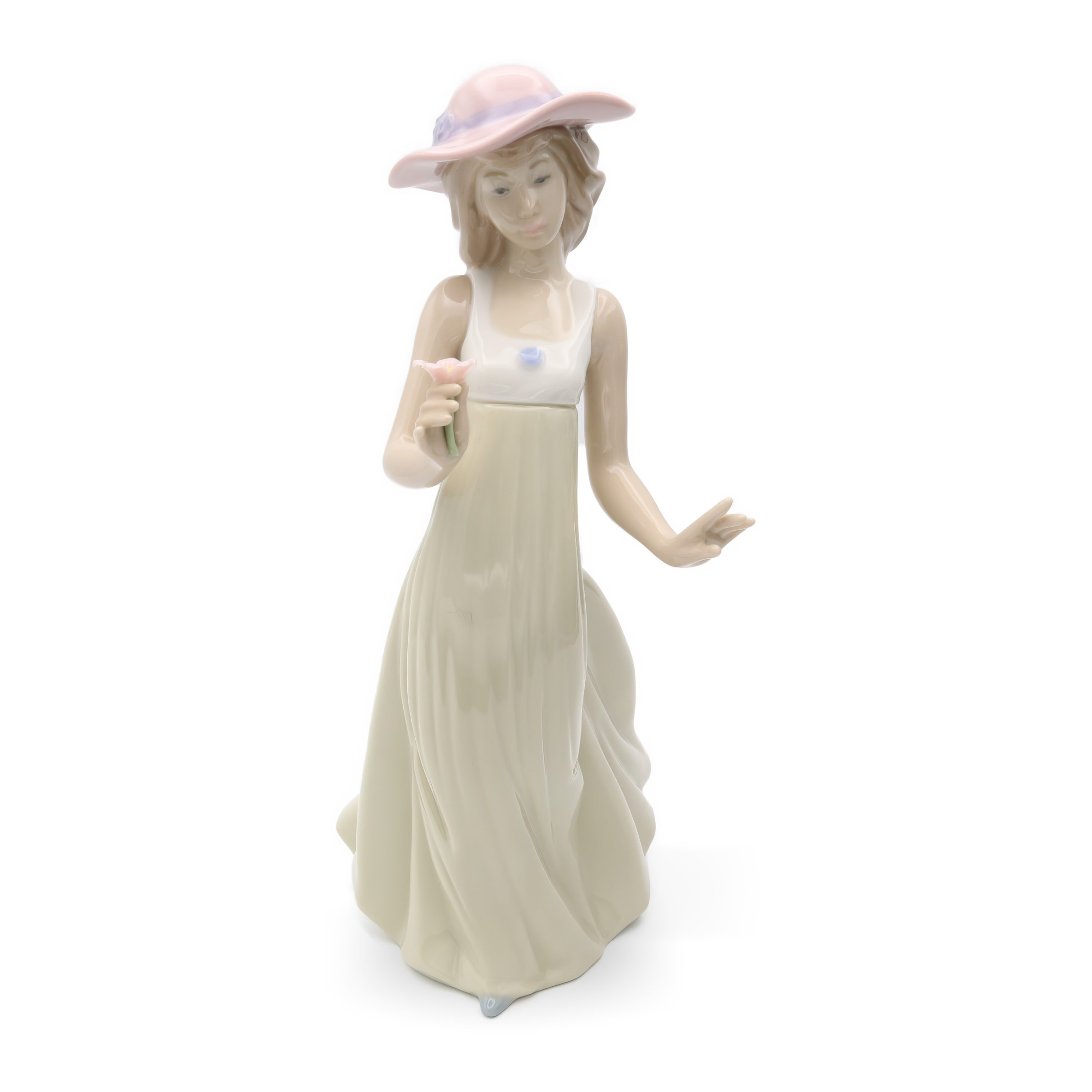 Lladro Figurine, Vintage NAO Porcelain Young Woman Pink Hat, Green Dress With Flower In Hand, Long Summer Dress, Collectible Ornament, Spanish Handcrafted Sculpture