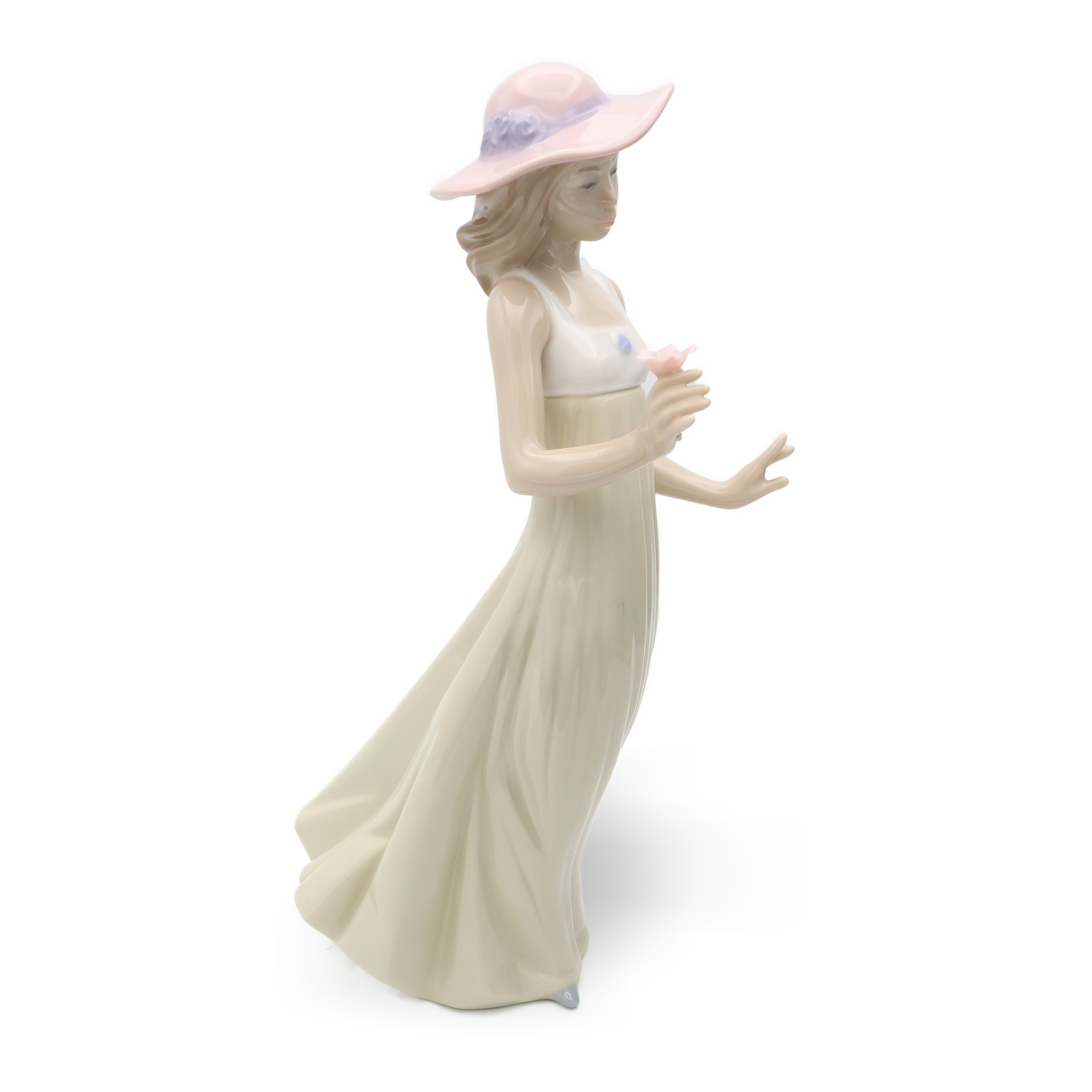 Lladro Figurine, Vintage NAO Porcelain Young Woman Pink Hat, Green Dress With Flower In Hand, Long Summer Dress, Collectible Ornament, Spanish Handcrafted Sculpture