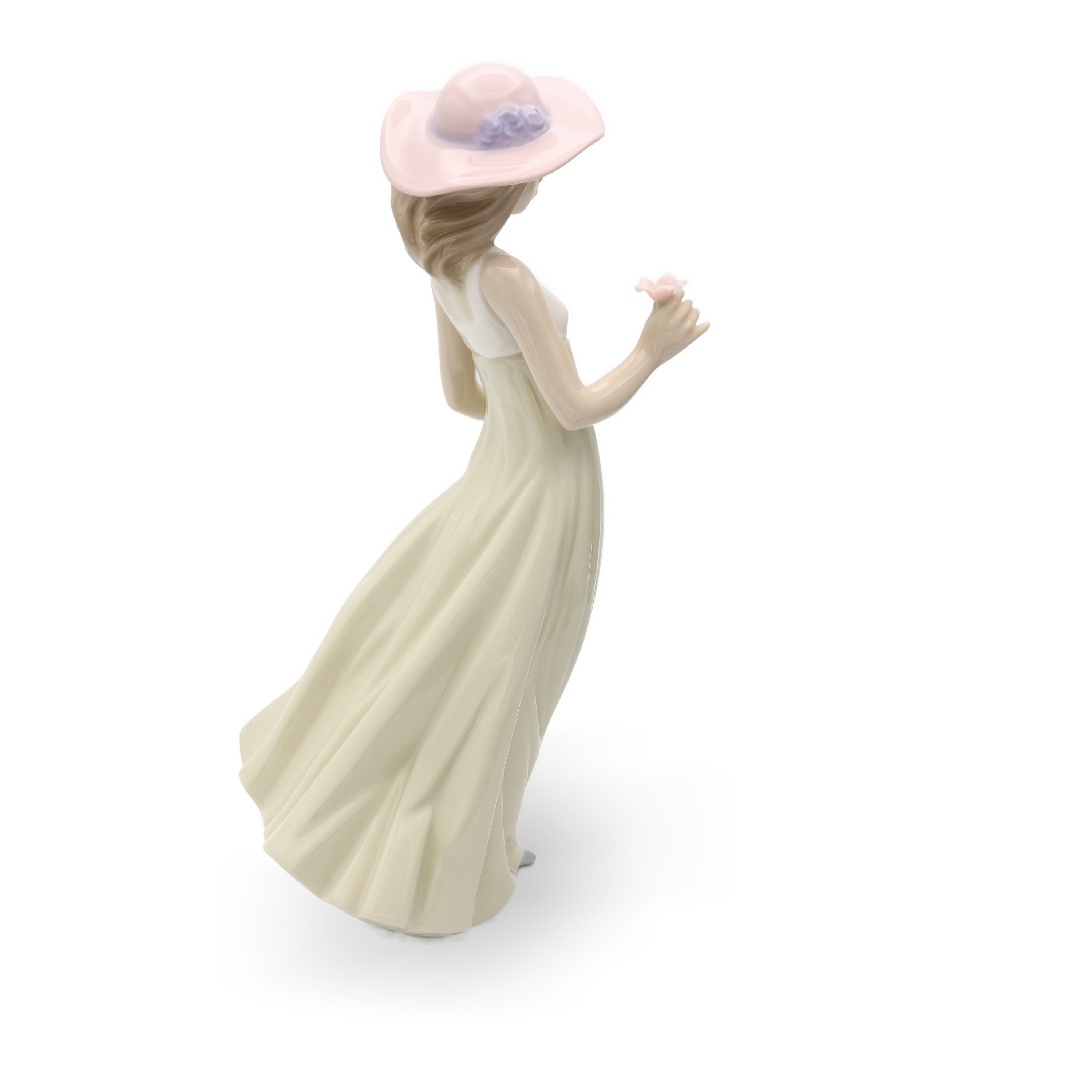 Lladro Figurine, Vintage NAO Porcelain Young Woman Pink Hat, Green Dress With Flower In Hand, Long Summer Dress, Collectible Ornament, Spanish Handcrafted Sculpture