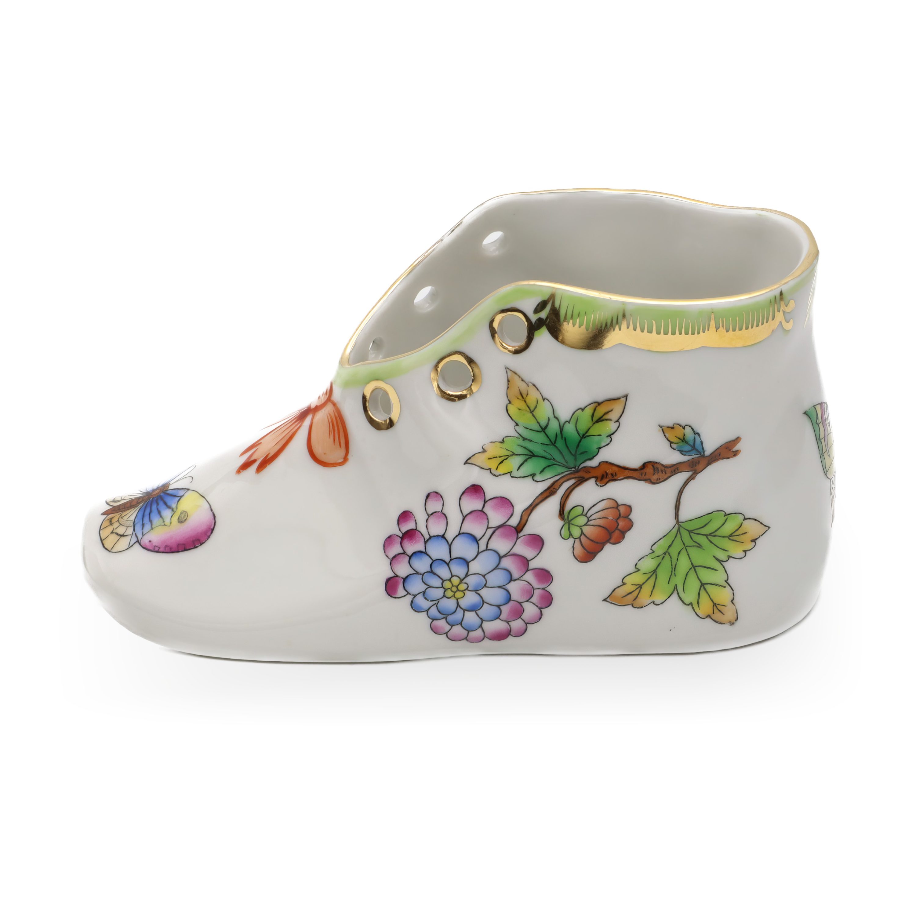 Vintage Herend Hand Painted Porcelain Baby Shoe Queen Victoria Pattern, Exquisite Collector's Piece Displaying Timeless Floral Elegance