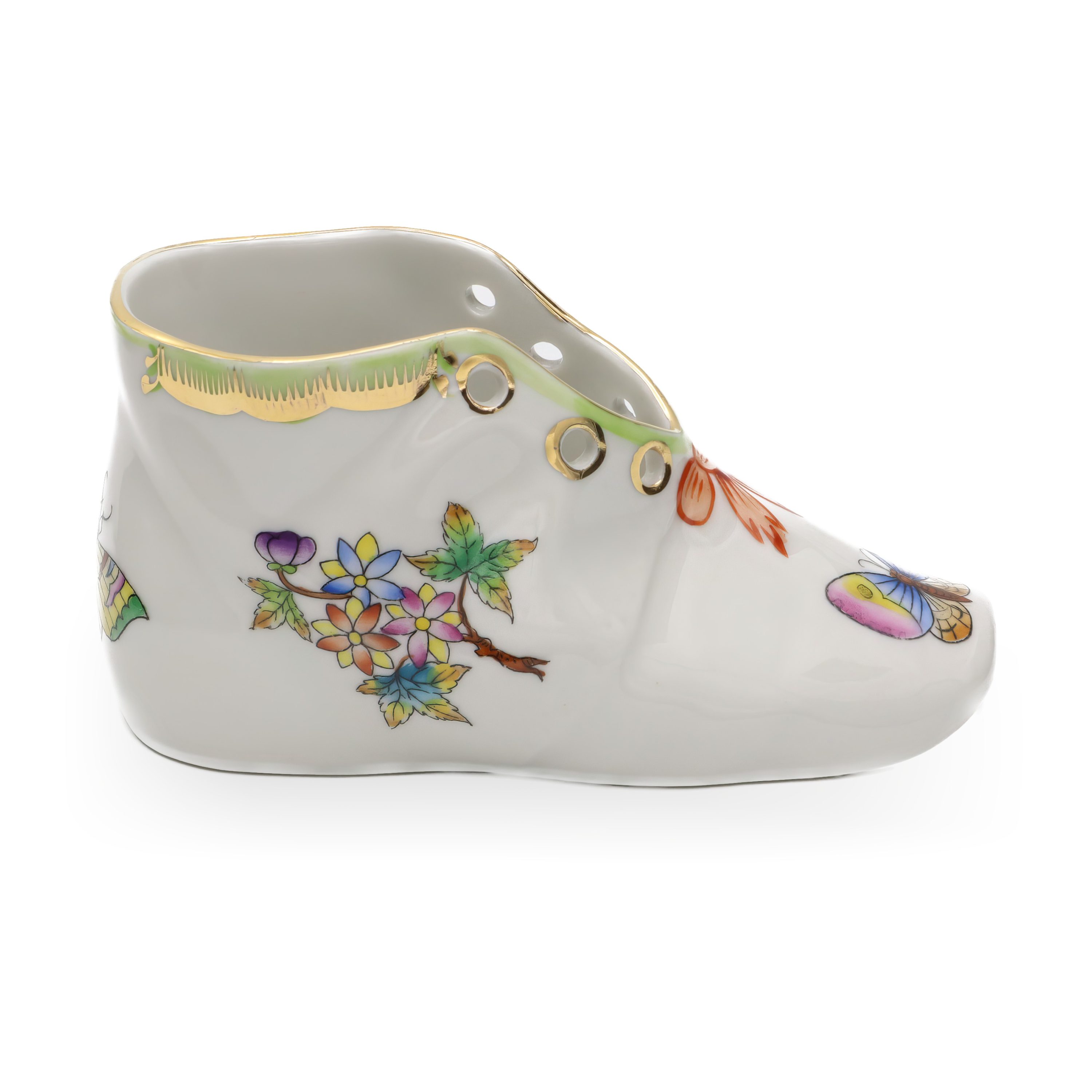 Vintage Herend Hand Painted Porcelain Baby Shoe Queen Victoria Pattern, Exquisite Collector's Piece Displaying Timeless Floral Elegance