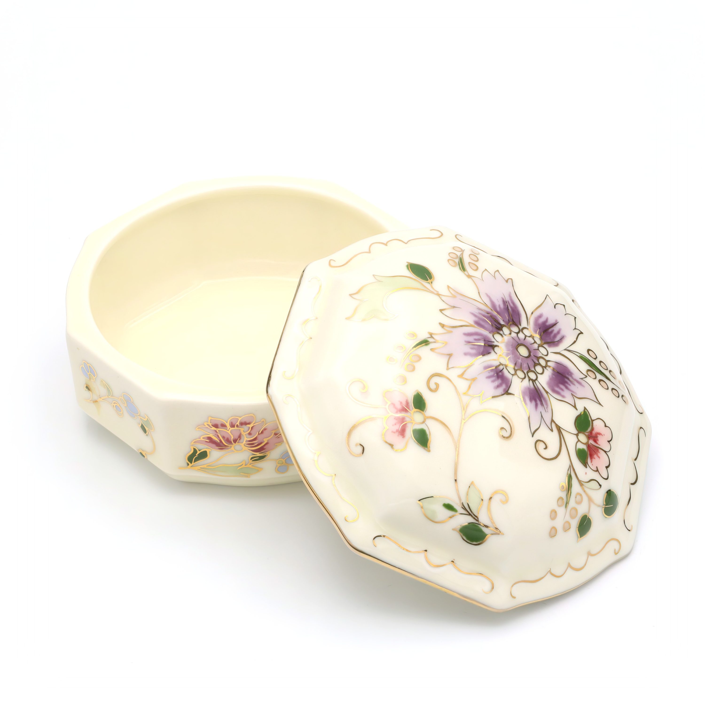 Zsolnay Porcelain Trinket Box, Octagonal, Hand-Painted Vintage Keepsake Container, Ceramic Trinket Box