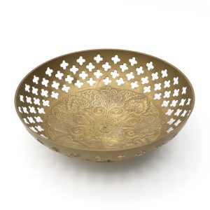 Hand Made Vintage Brass Bowl, Quatrefoil Shaped Cut Outs, Etched Floral Pattern In Center, Intricately Crafted Decorative Piece With Timeless Charm