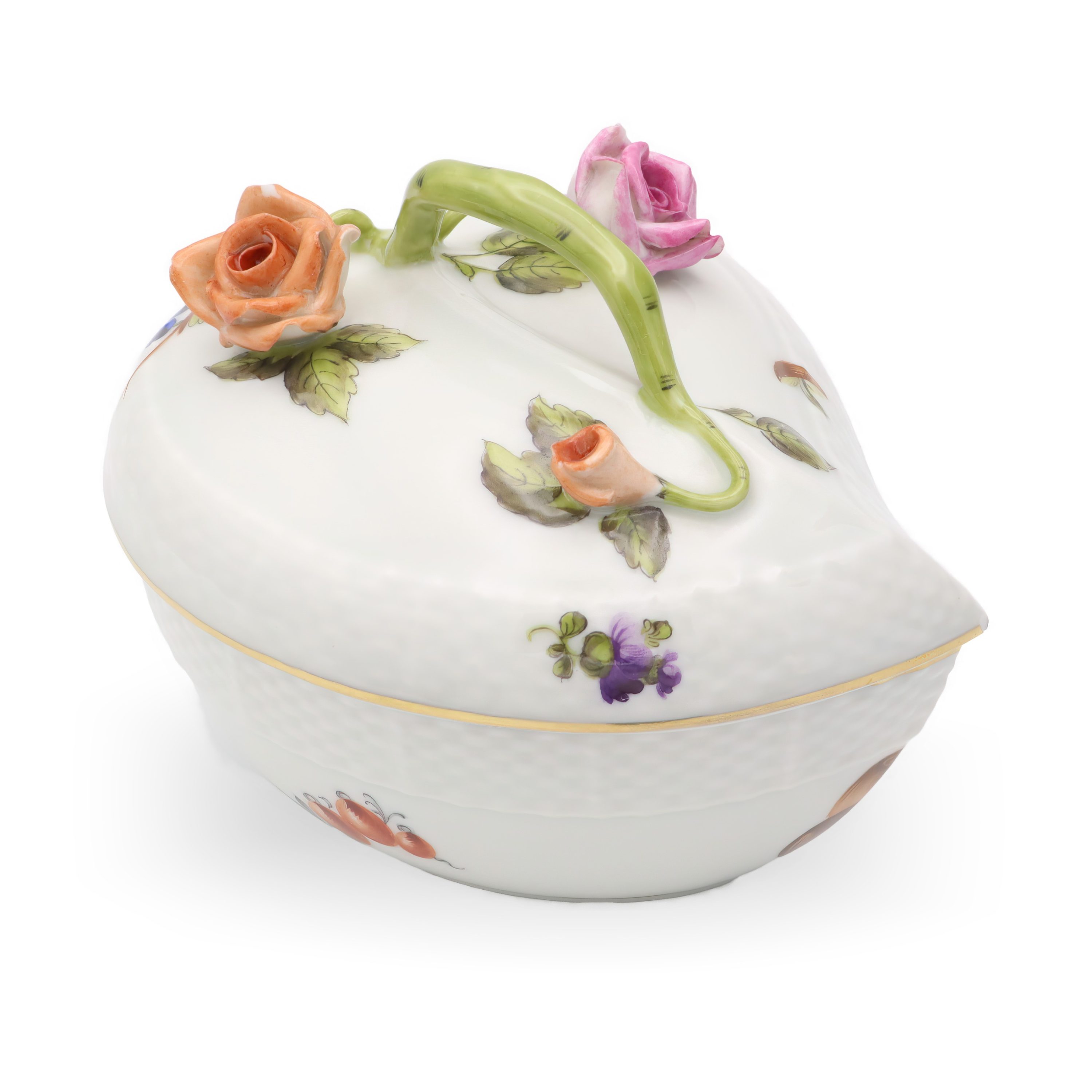 Herend Antique Heart Shaped Bonbonniere, Trinket Box Lidded, Hand-Painted Porcelain Keepsake With Floral Motif