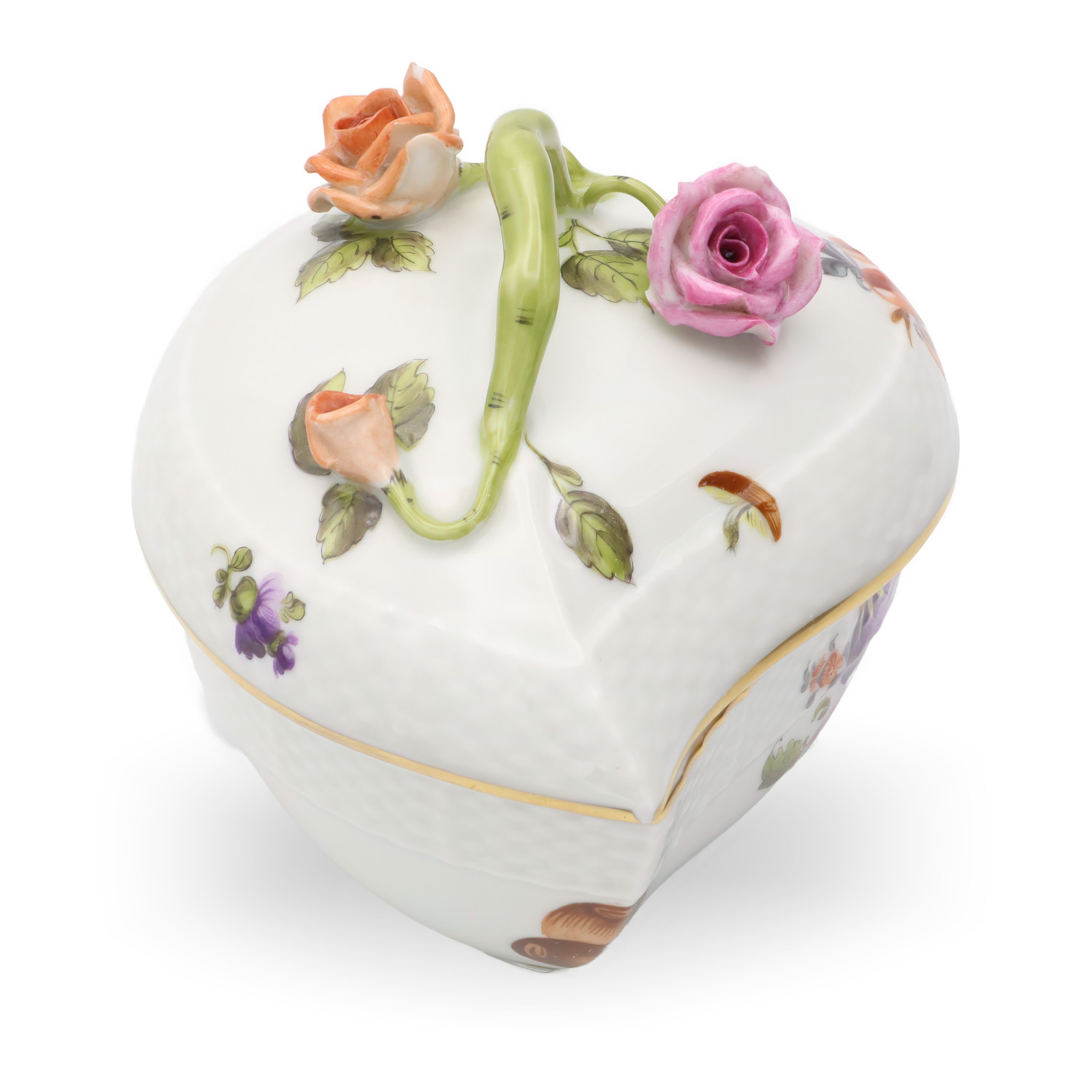 Herend Antique Heart Shaped Bonbonniere, Trinket Box Lidded, Hand-Painted Porcelain Keepsake With Floral Motif