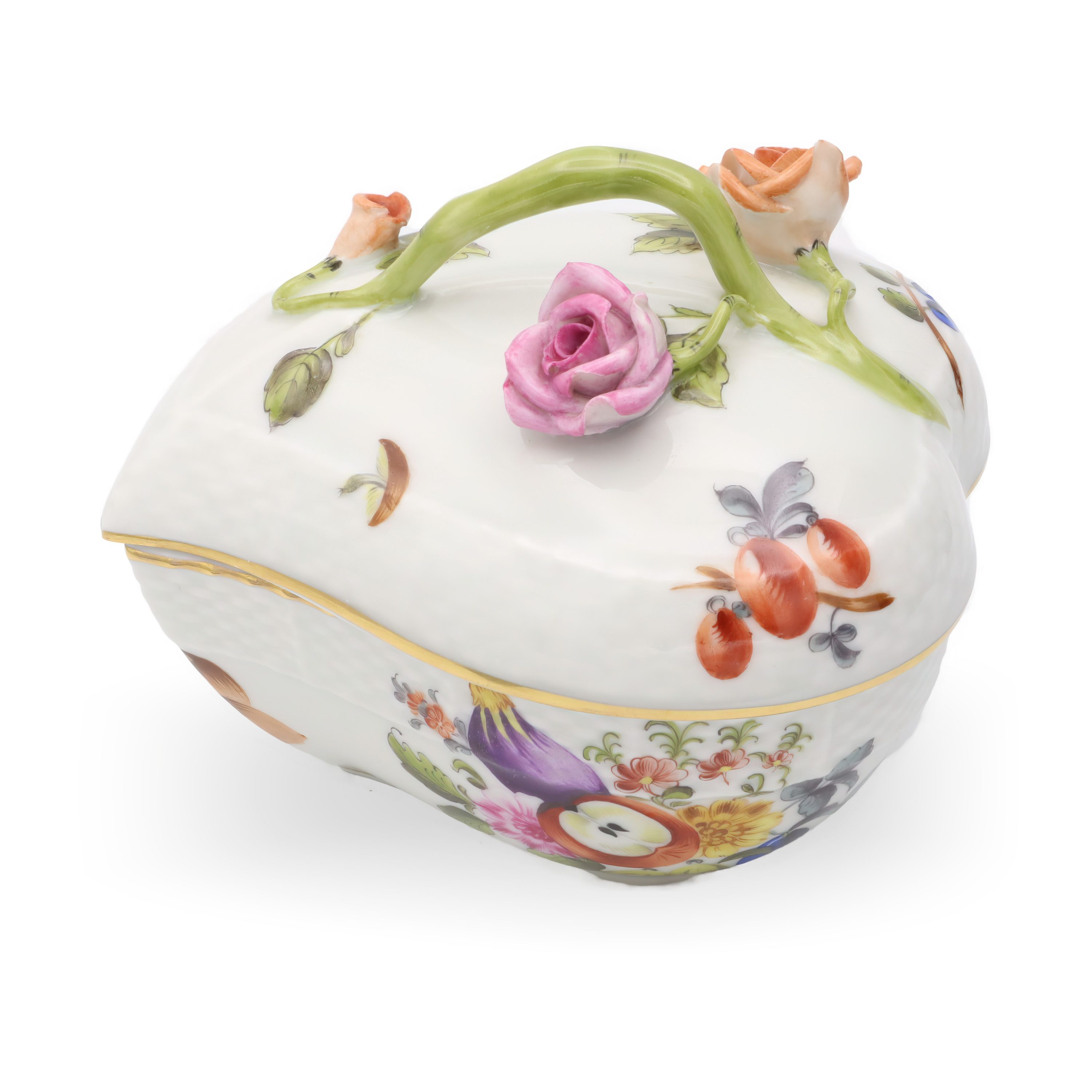 Herend Antique Heart Shaped Bonbonniere, Trinket Box Lidded, Hand-Painted Porcelain Keepsake With Floral Motif