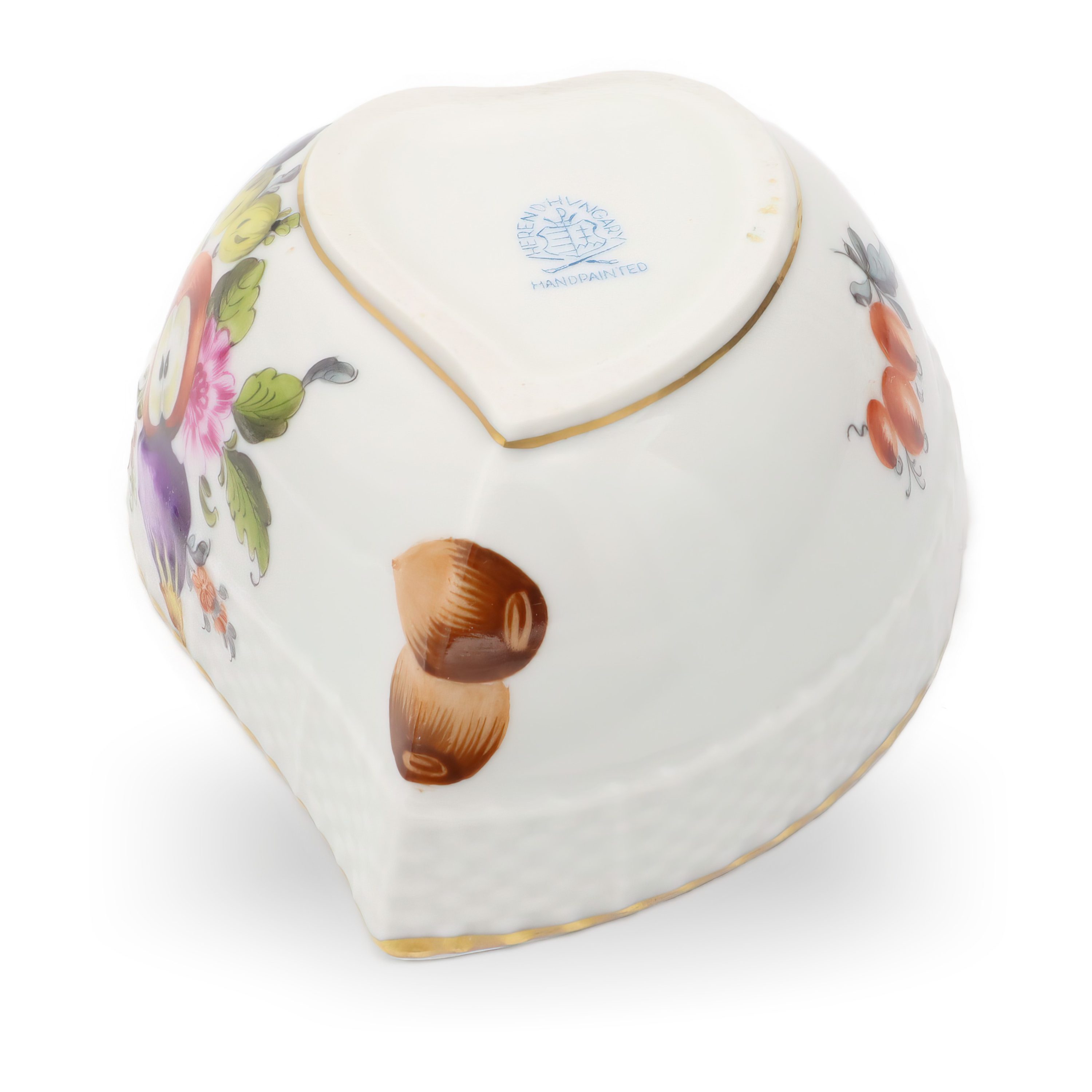 Herend Antique Heart Shaped Bonbonniere, Trinket Box Lidded, Hand-Painted Porcelain Keepsake With Floral Motif