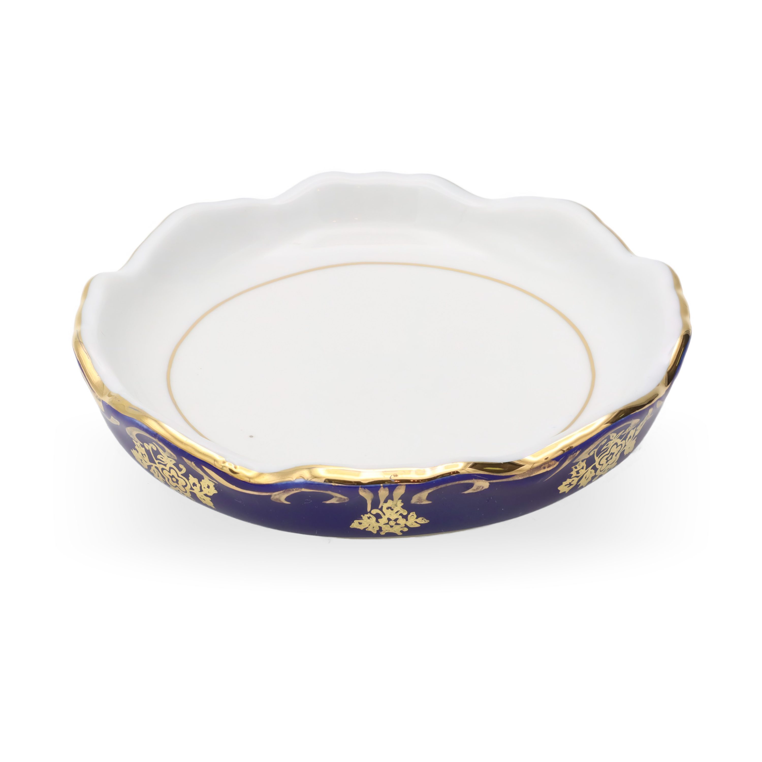 Hungarian Porcelain Zsolnay Pompadour Jewelry Tray, Cobalt Blue With Gold Hand Painted Florals And Baroque Elegance