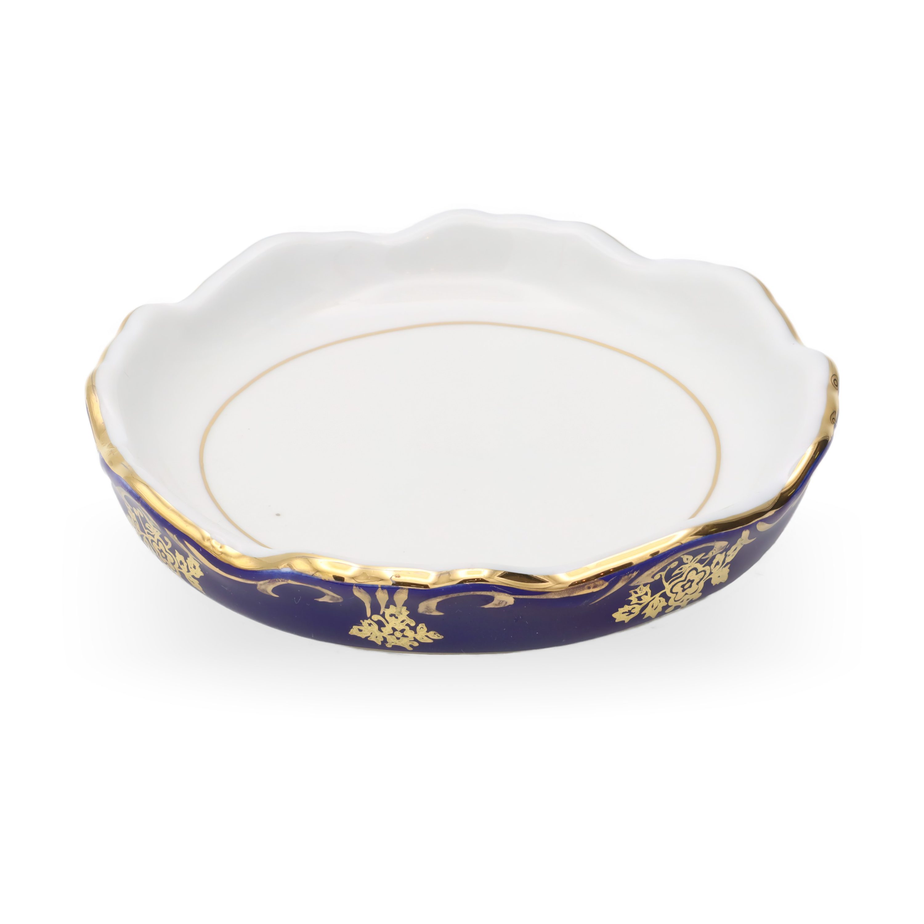 Hungarian Porcelain Zsolnay Pompadour Jewelry Tray, Cobalt Blue With Gold Hand Painted Florals And Baroque Elegance