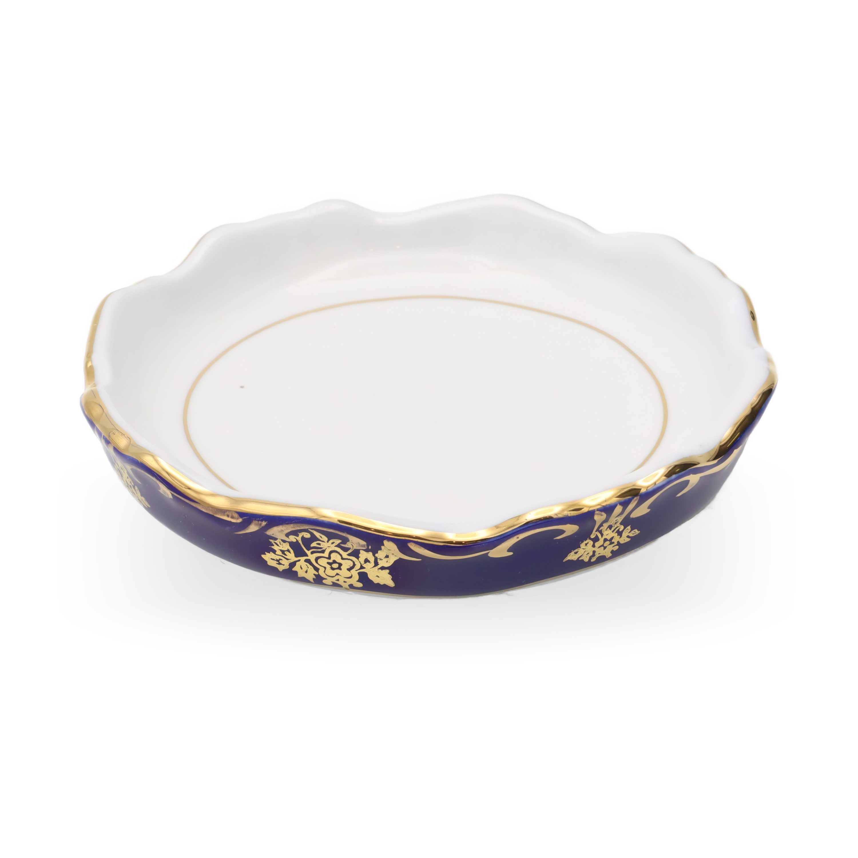 Hungarian Porcelain Zsolnay Pompadour Jewelry Tray, Cobalt Blue With Gold Hand Painted Florals And Baroque Elegance