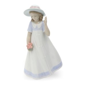 Lladro NAO Spring Stroll Porcelain Figurine, Girl With Bouquet Of Flowers, Fedora Hat