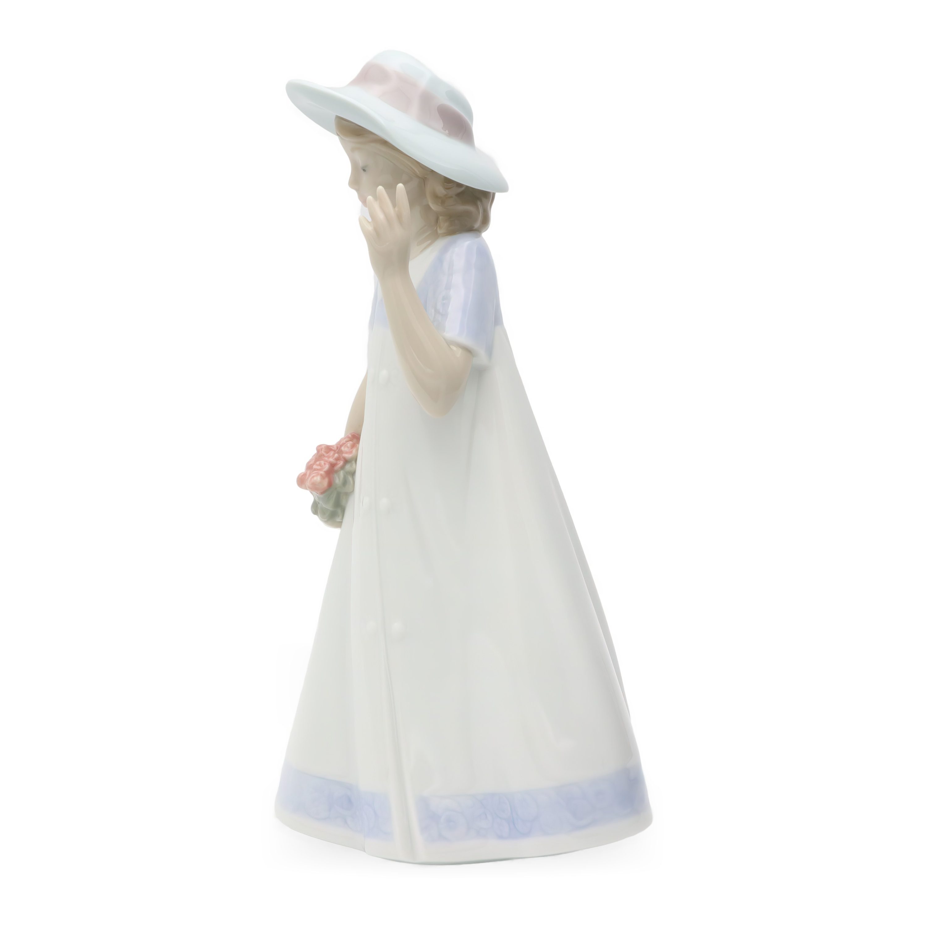 Lladro NAO Spring Stroll Porcelain Figurine, Girl With Bouquet Of Flowers, Fedora Hat