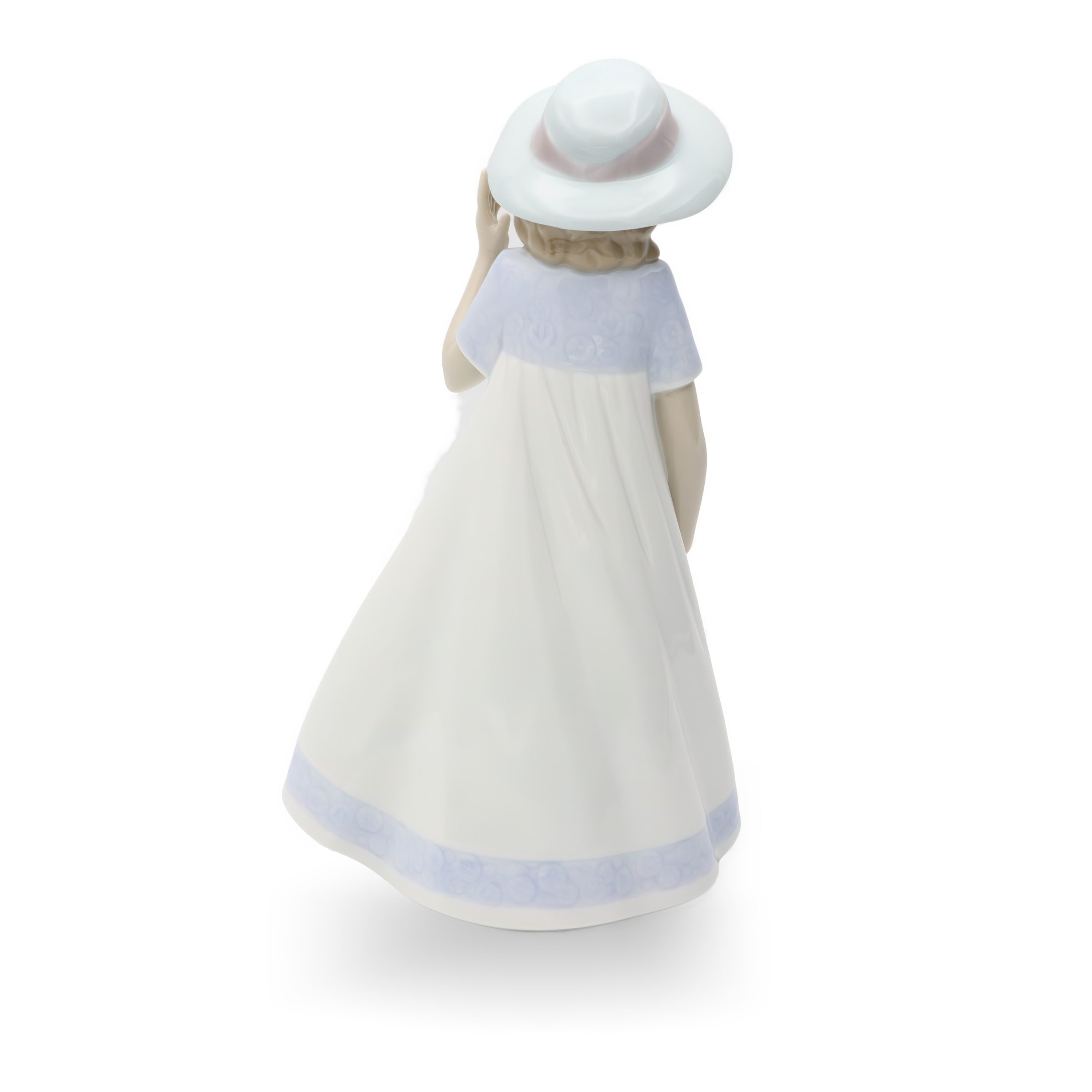 Lladro NAO Spring Stroll Porcelain Figurine, Girl With Bouquet Of Flowers, Fedora Hat