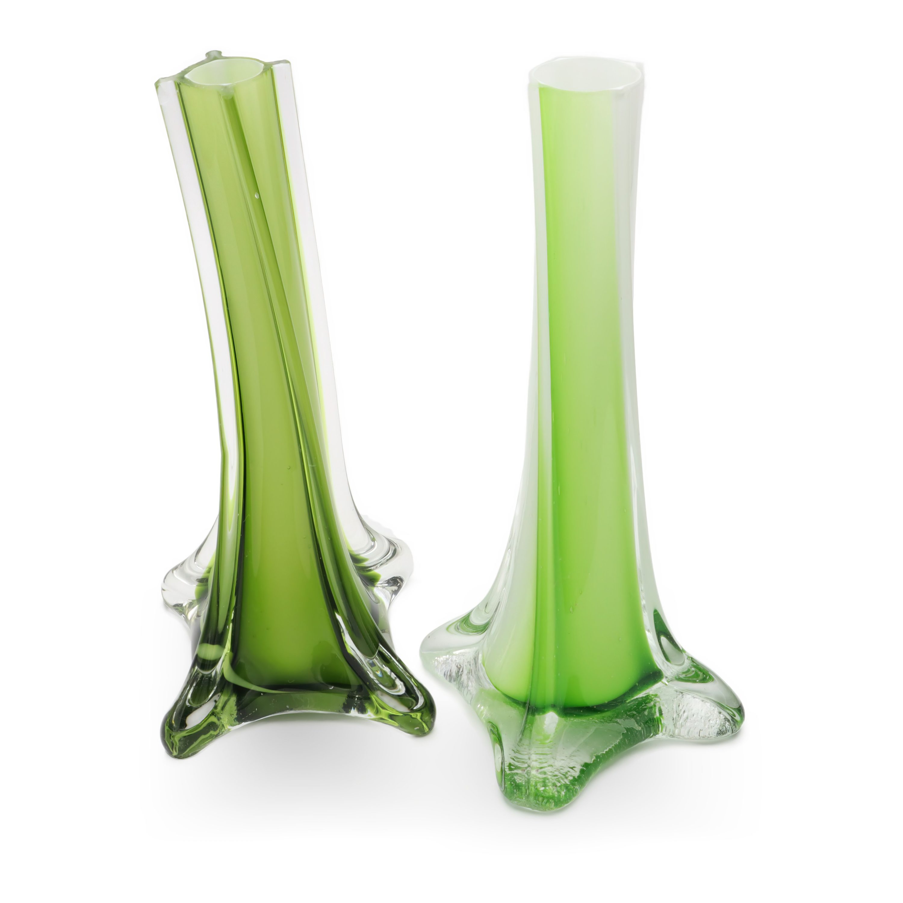 Murano Vase, Pair Of Green Glass Flower Vases, Hand Made In Italy, Vintage, Collectible Home Decor, Mid-Century Modern Art Glass