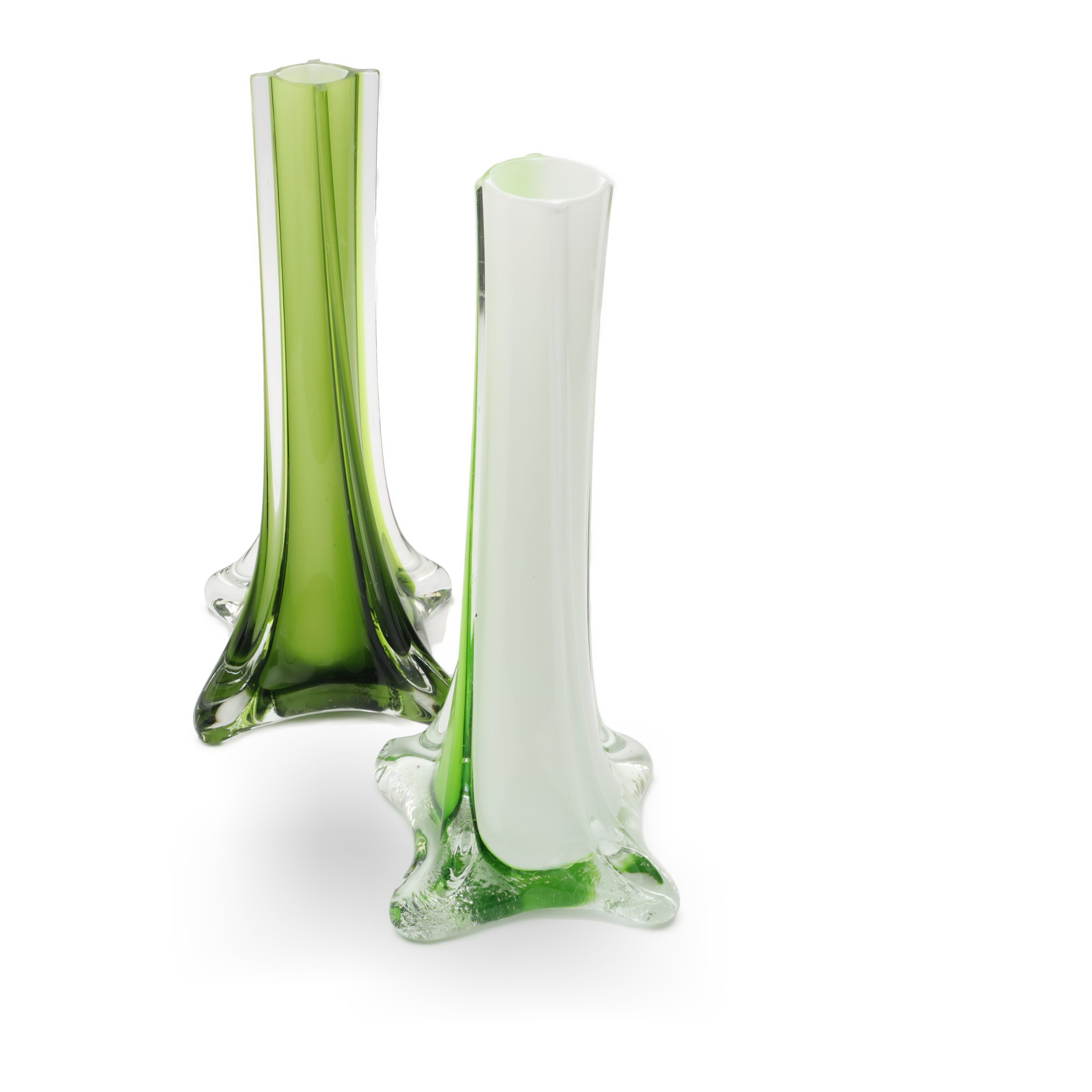 Murano Vase, Pair Of Green Glass Flower Vases, Hand Made In Italy, Vintage, Collectible Home Decor, Mid-Century Modern Art Glass