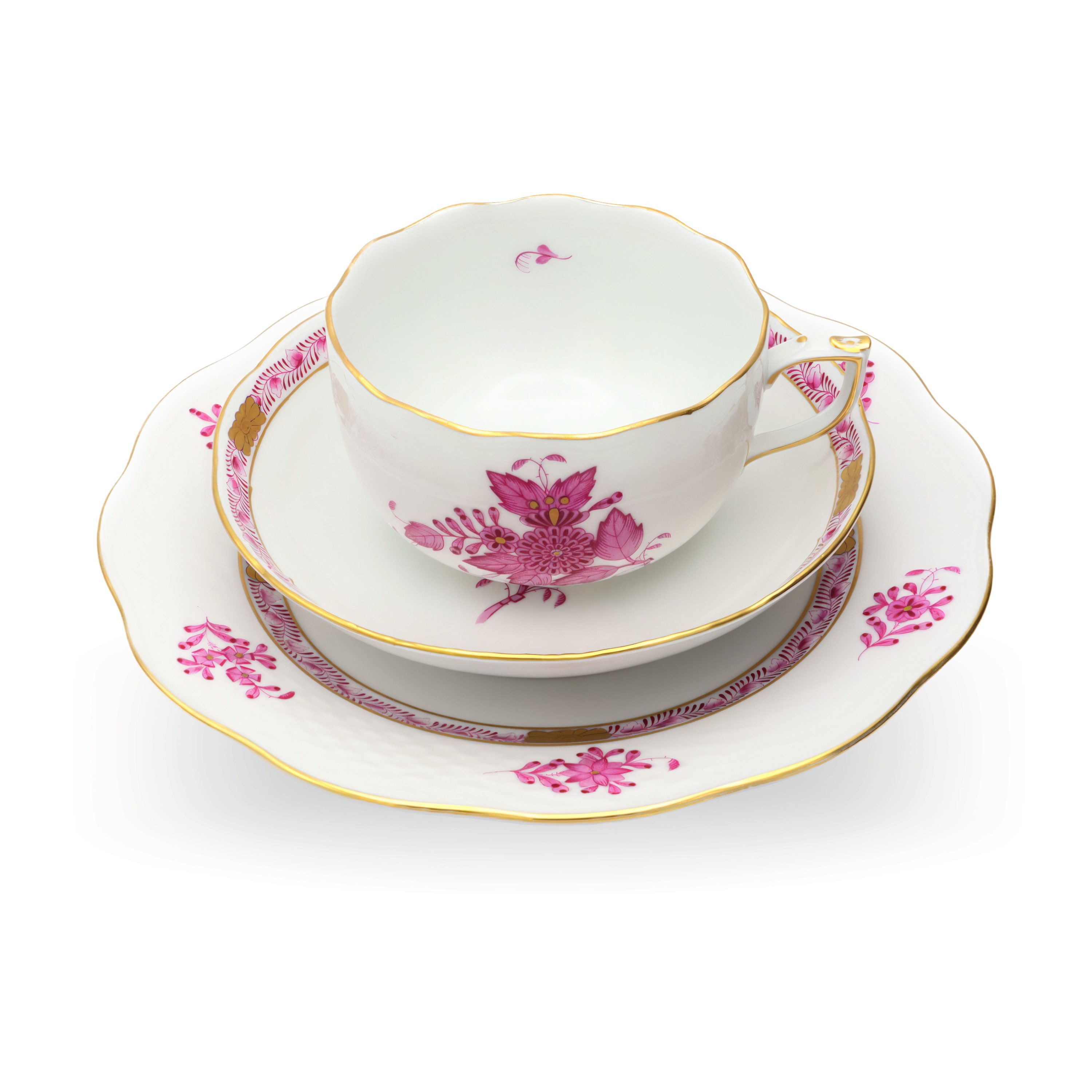 Herend Hungary Raspberry Chinese Bouquet Apponyi Tea Cup – Saucer – Desert Plate Set